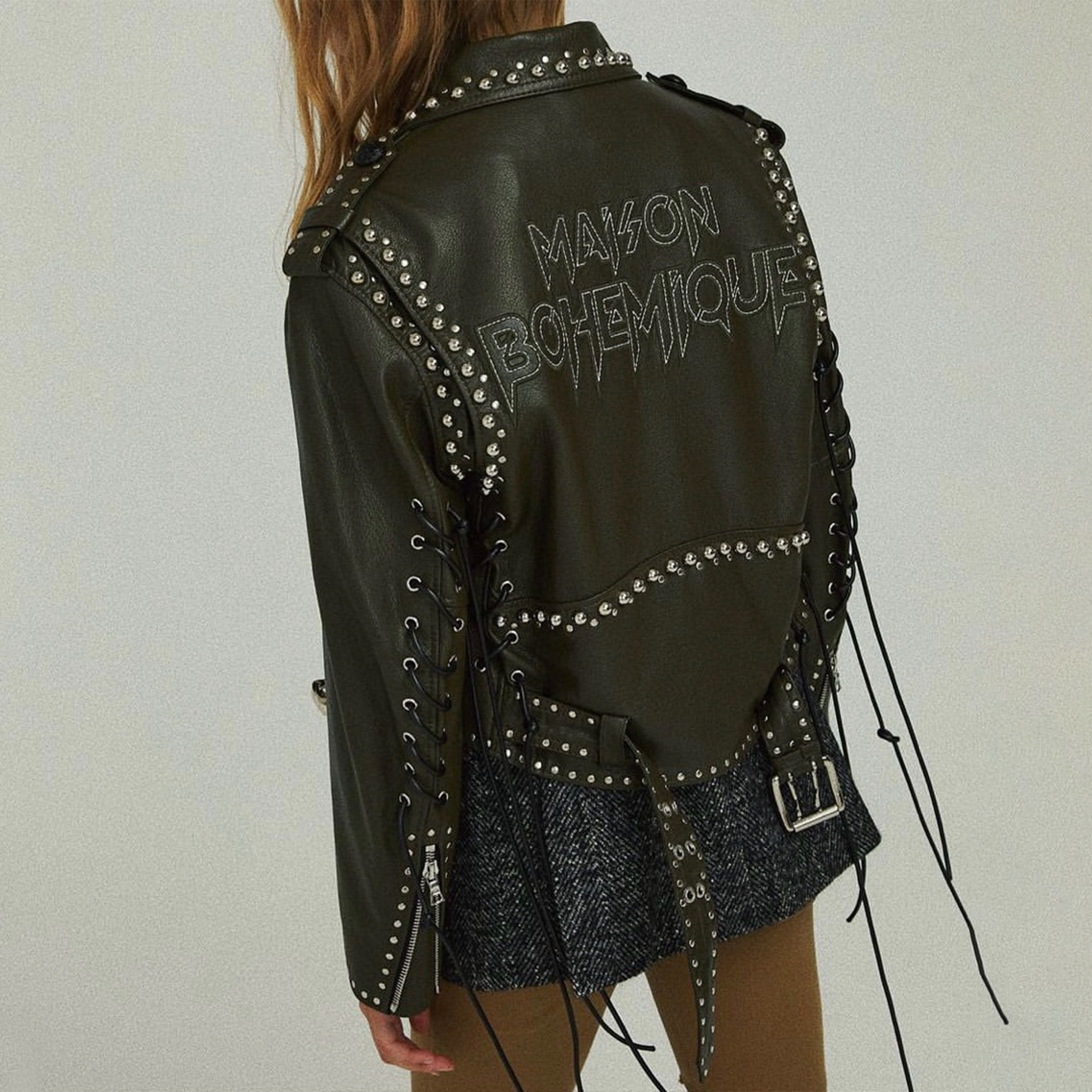 NIGO Maison Bohemique Women's Fall And Winter Biker Style Rivets Tie High Street Fashion Trend Zipper Lapel Leather Jacket Ngvp #nigo9244