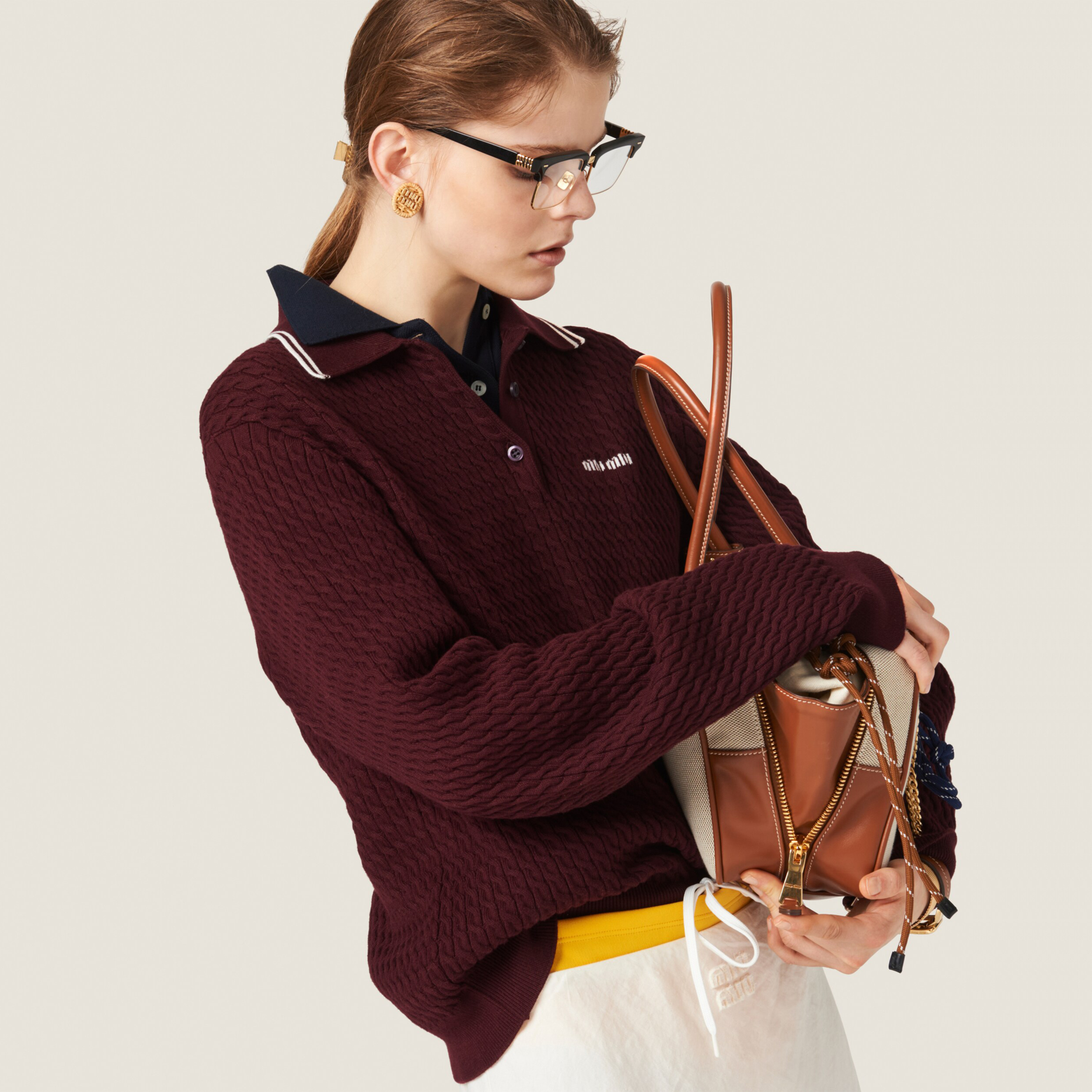 NIGO MiuMiu Women's Spring & Autumn Striped Trim Logo Long Sleeve Knit Polo Shirt Knit Shirt #nigo72993