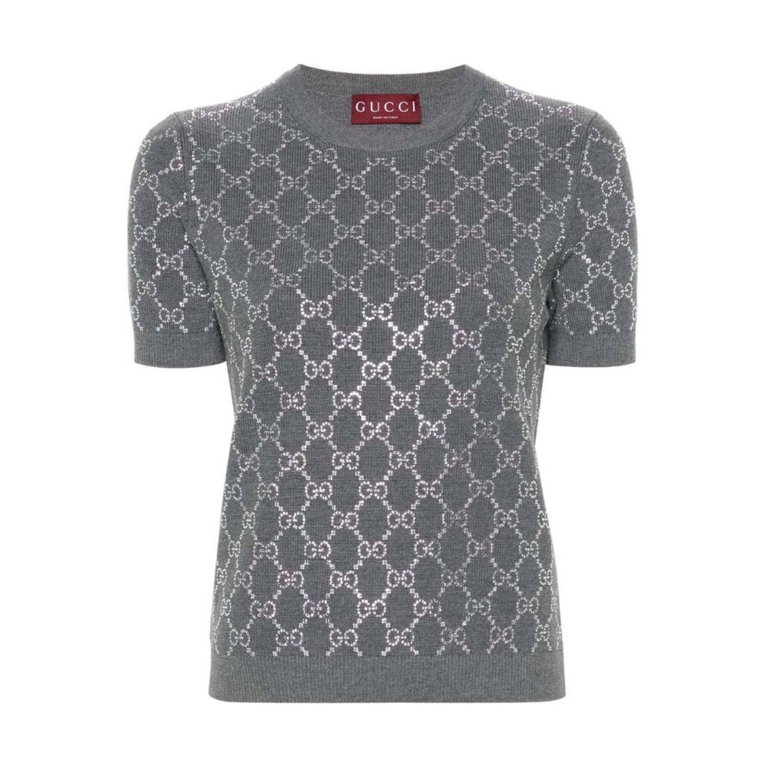 NIGO Gucci Women's Summer Gray Letter Logo Rhinestone Decoration Slim Short Sleeve Knit T-Shirt #nigo72992