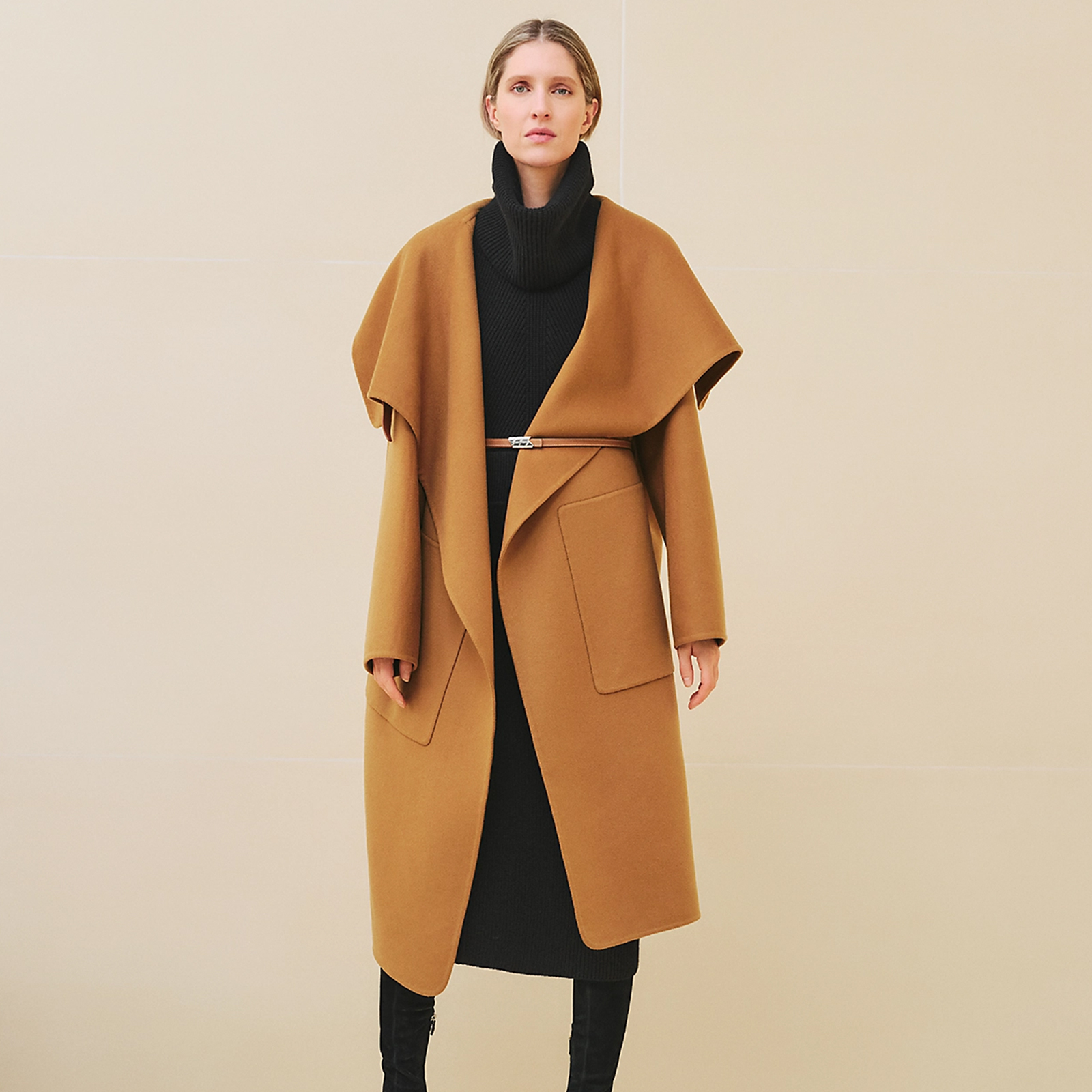 NIGO Hermes Women's Spring, Autumn And Winter Solid Color Leather Button Collar Tie Double Sided Cashmere Long Coat Ngvp #nigo9273