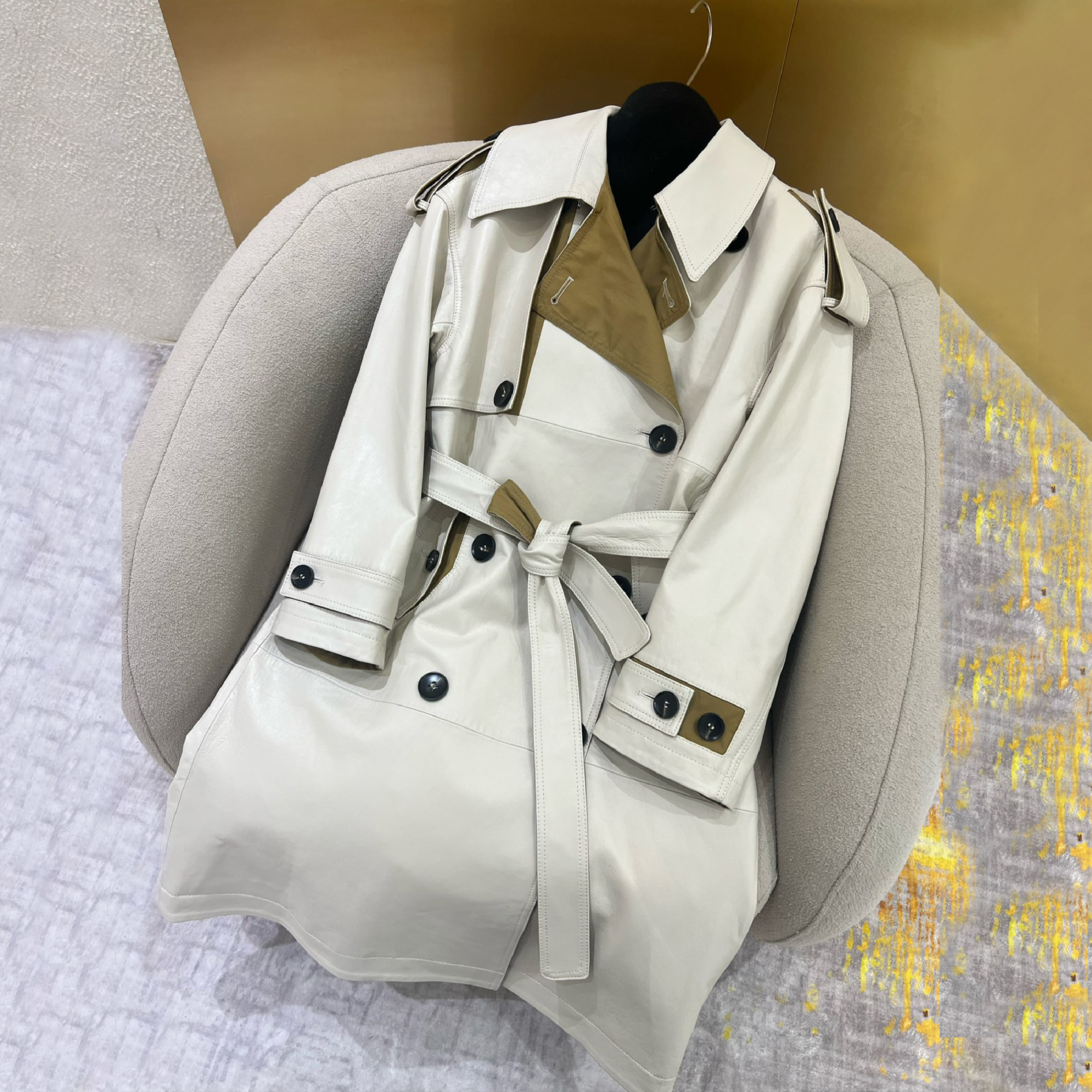 NIGO Bottega Veneta Women's Autumn And Winter Long Solid Color Belt Open Double-breasted Collar Long-sleeved Trench Coat Fashion Casual Leather Jacket Ngvp #nigo7217