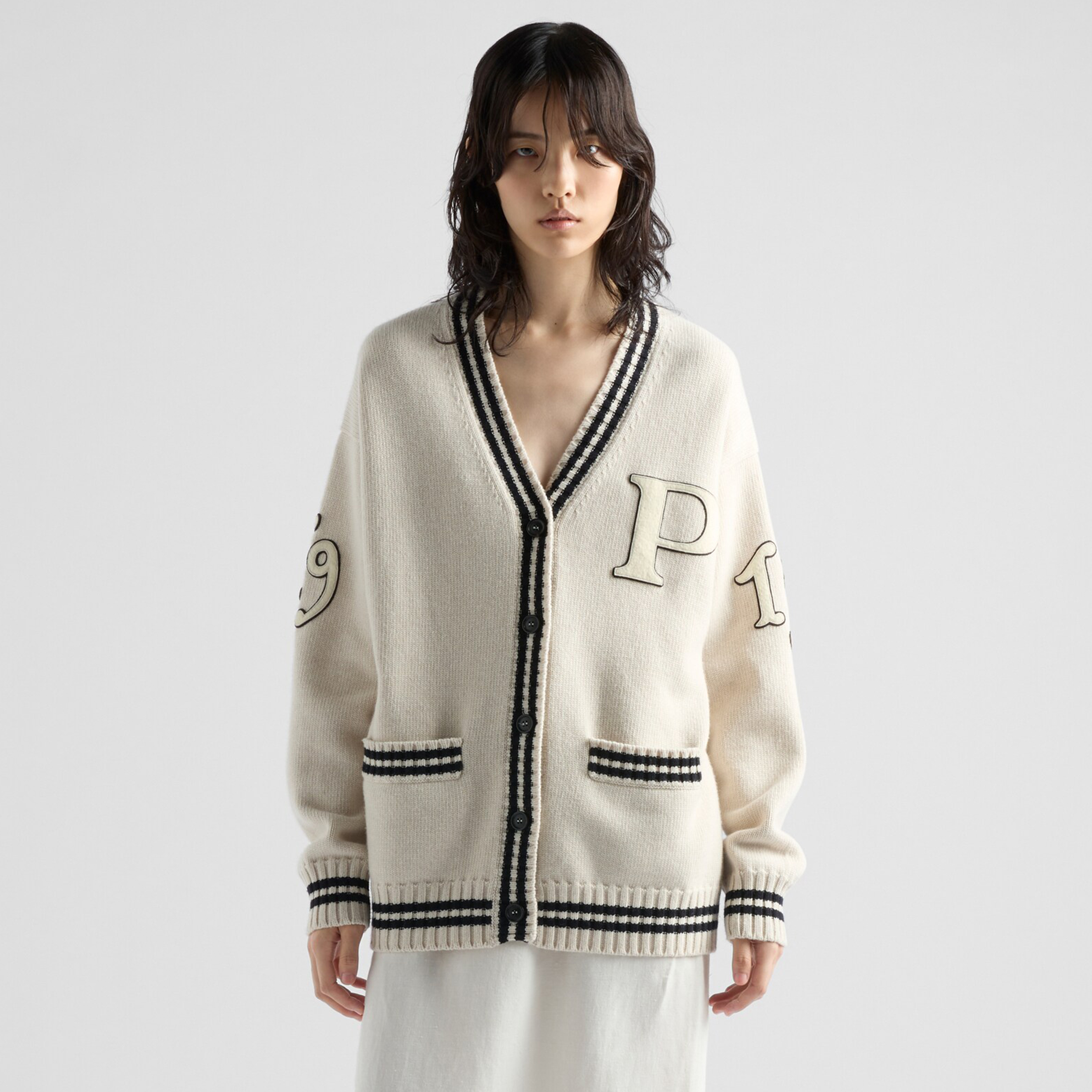 NIGO Prada Women's Fall And Winter Oversize College Style Splicing Letters Embroidery Wool Cardigan Sweater Fashion Casual Single-breasted Knit Sweater Knitted Ngvp #nigo9246