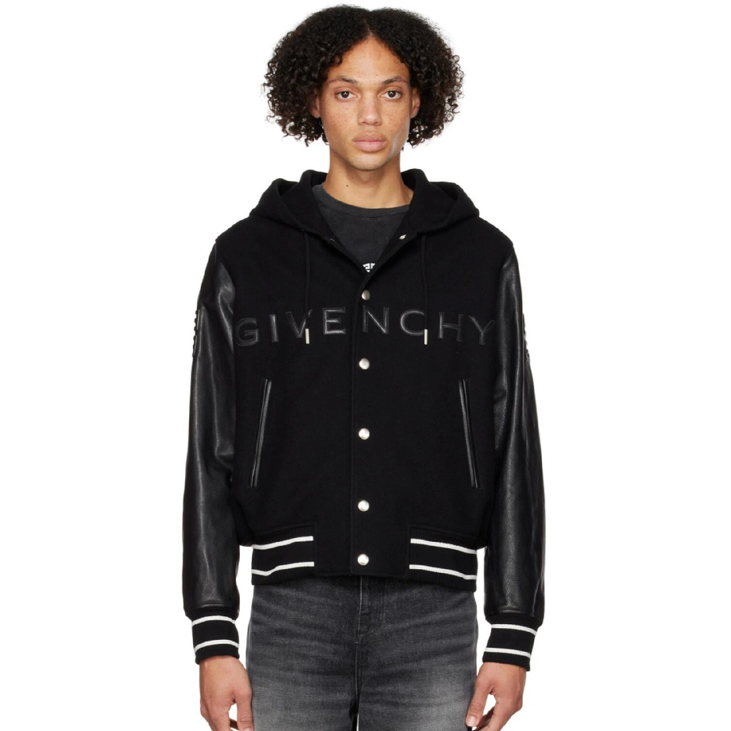 NIGO Givenchy Men's Fall/Winter Black Logo Printed Single Breasted Hooded Aviator Jacket #nigo72996