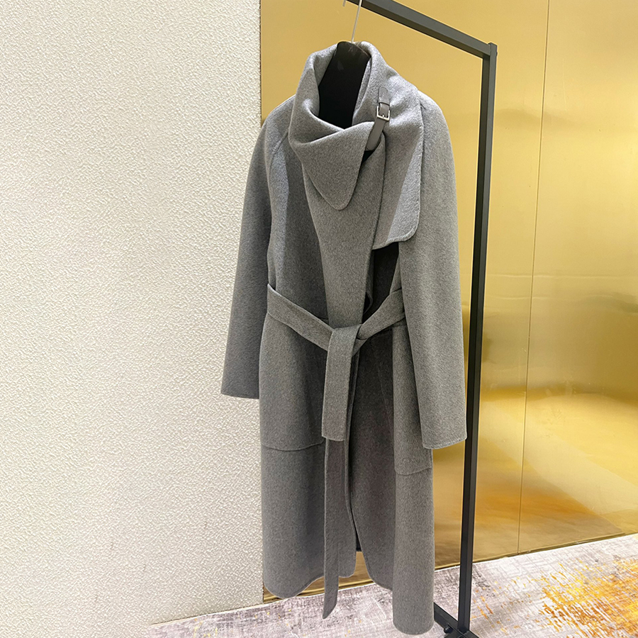NIGO Hermes Women's Spring, Autumn And Winter Solid Color Leather Button Collar Tie Double Sided Cashmere Long Coat Ngvp #nigo9273