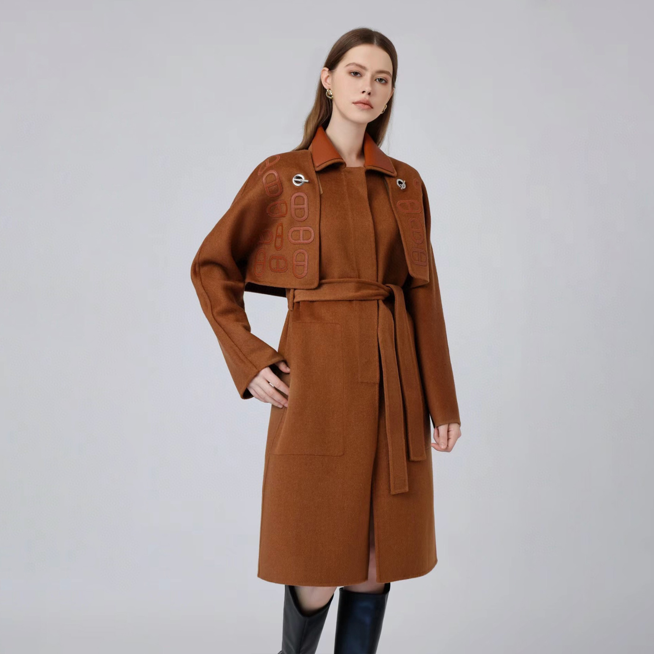 NIGO Hermes Women's Fall And Winter Two-piece Splicing Lapel Wool Coat Belt Fashion Casual Temperament In The Long Jacket Ngvp #nigo9241