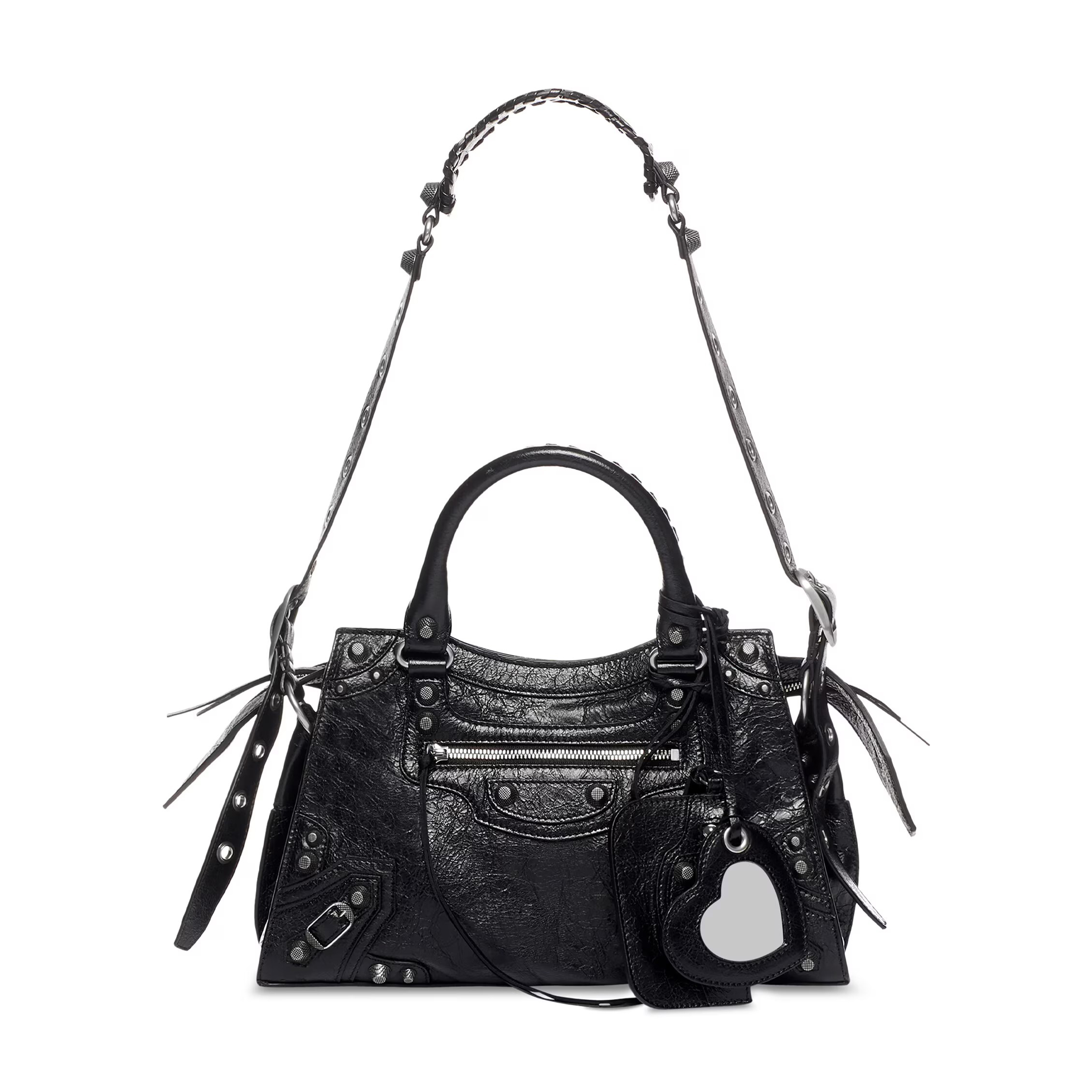 Nigo Balenciaga NEO CAGOLE CITY Trendy And Stylish Retro Motorcycle Metal Rivet Leather Zipper Love Pendant Card Bag Handbag Crossbody Bag 736046210B01000 Ngvp #nigo71267