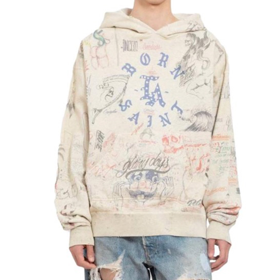 NIGO Saint Michael x Born x Raised Men's Spring And Autumn Graffiti Cotton Hooded Pullover Fitted Solid Color Long Sleeve Sweatshirt Ngvp #nigo9284