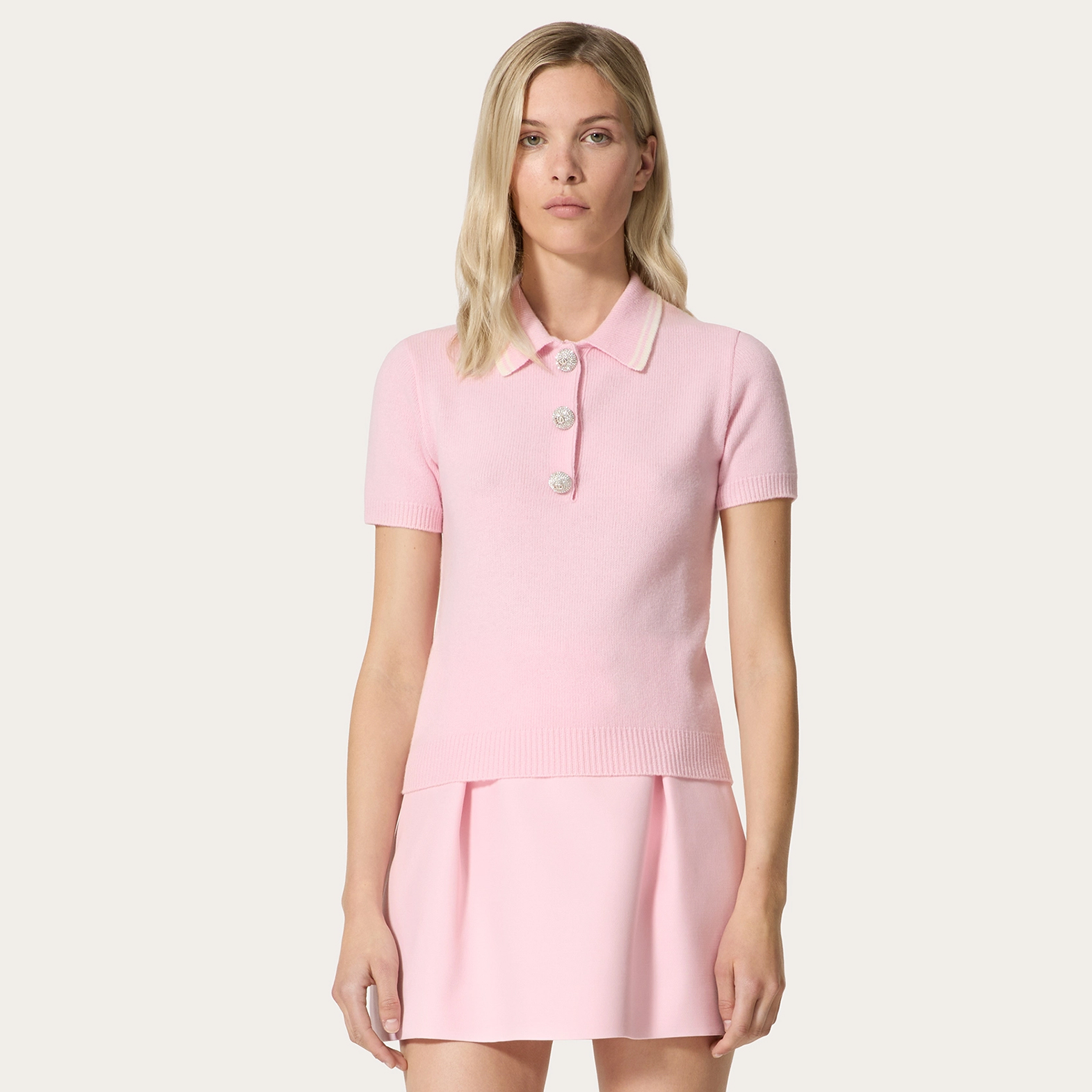 NIGO Valentino Women's Spring & Autumn Rhinestone Button Pink Lapel Short Sleeve Wool Knit Sweater Ngvp #nigo9278