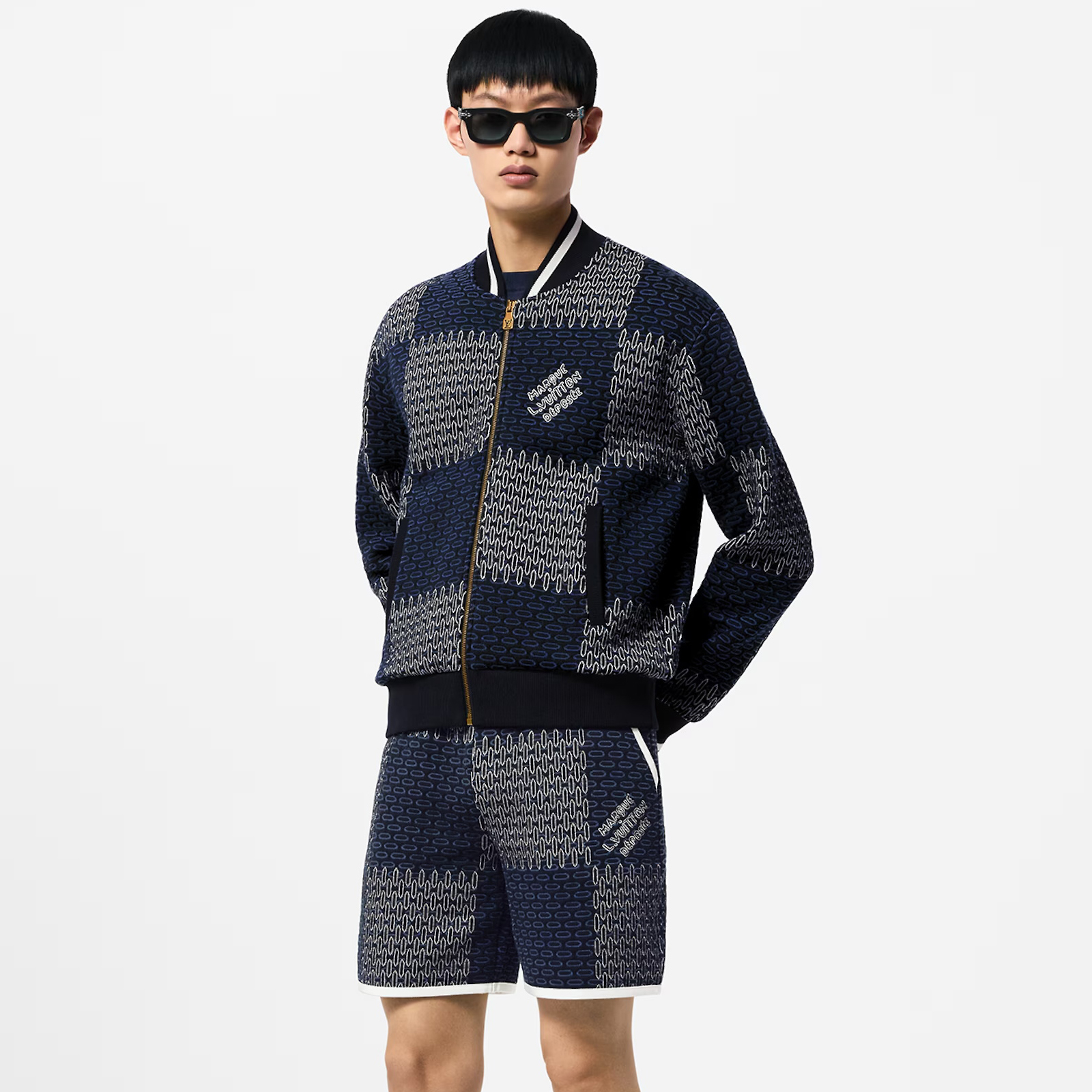 NIGO Louis Vuitton Men's Spring And Summer Letter Jacquard Knit Single Breasted Short Sleeved Shirt Drawstring Casual Shorts Suit Set #nigo73114