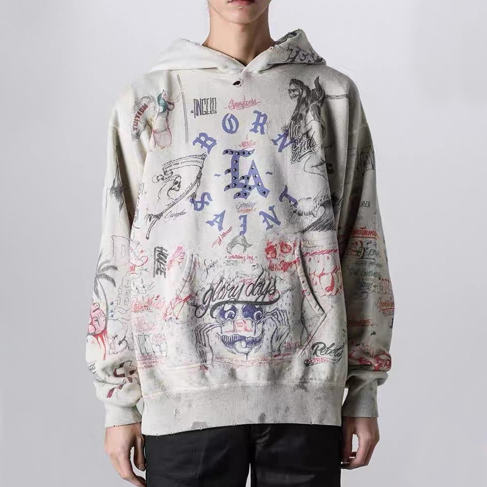 NIGO Saint Michael x Born x Raised Men's Spring And Autumn Graffiti Cotton Hooded Pullover Fitted Solid Color Long Sleeve Sweatshirt Ngvp #nigo9284