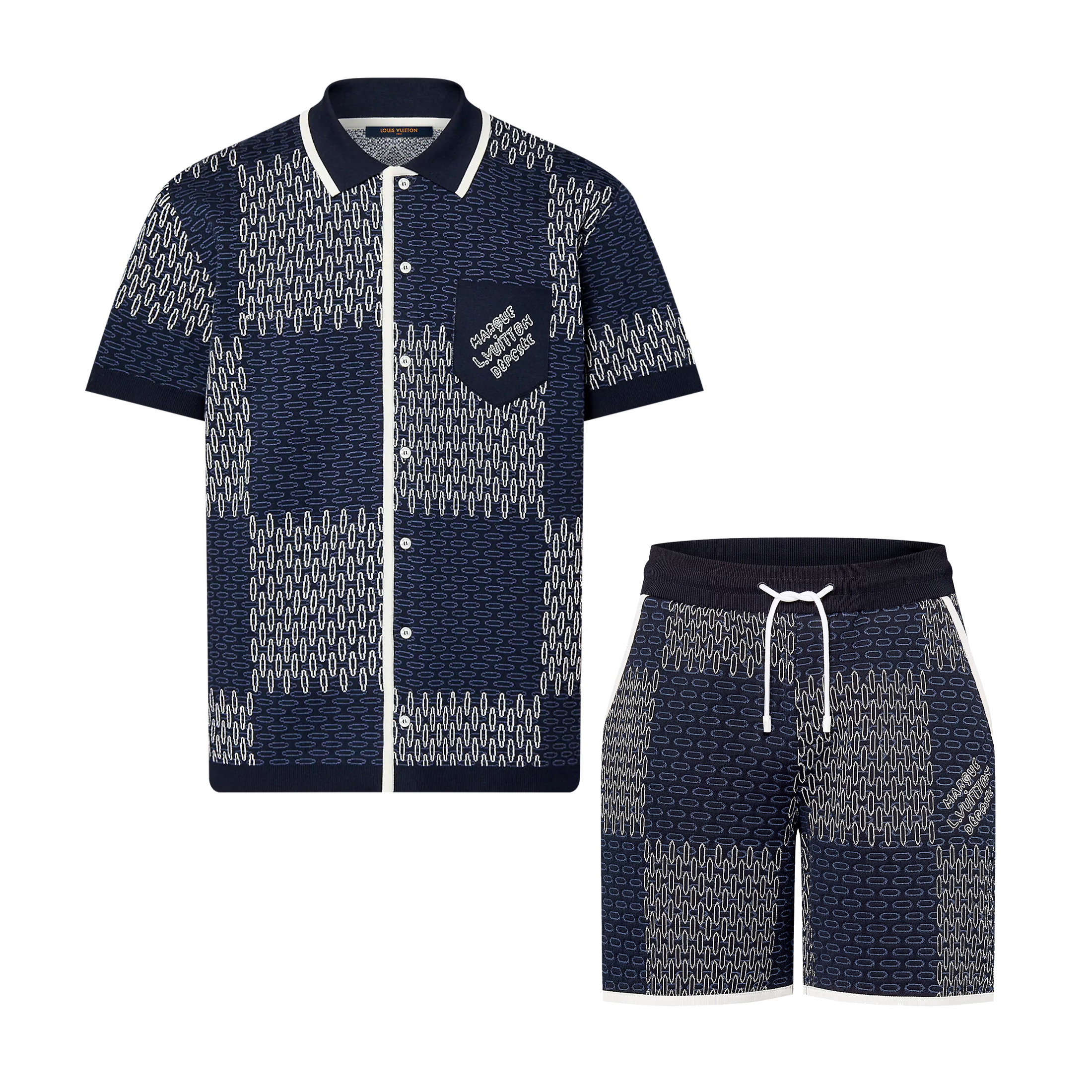 NIGO Louis Vuitton Men's Spring And Summer Letter Jacquard Knit Single Breasted Short Sleeved Shirt Drawstring Casual Shorts Suit Set #nigo73114