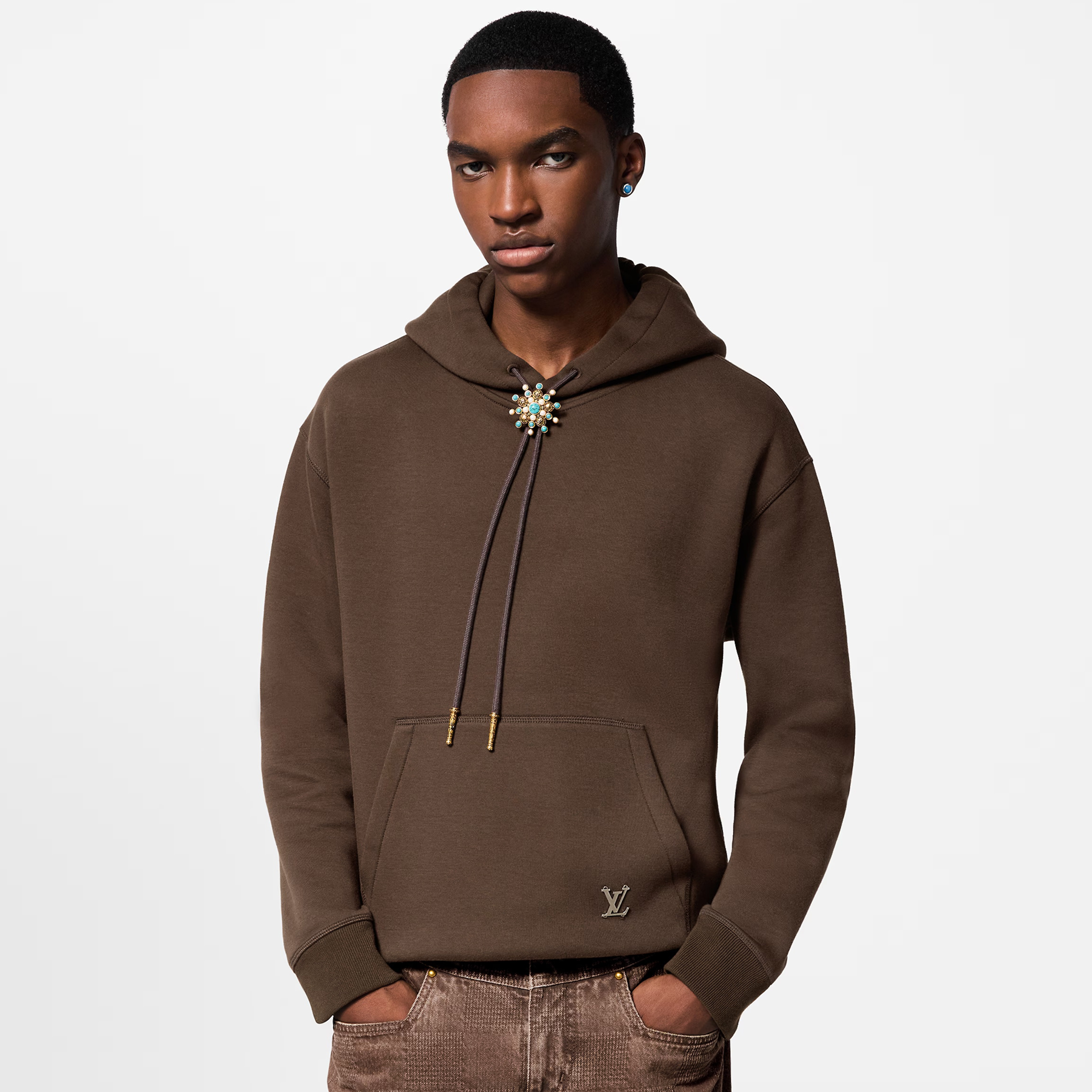 NIGO Louis Vuitton Men's Spring and Fall Brown Logo Metal Label Drawstring Hooded Sweatshirt Pullover #nigo73122