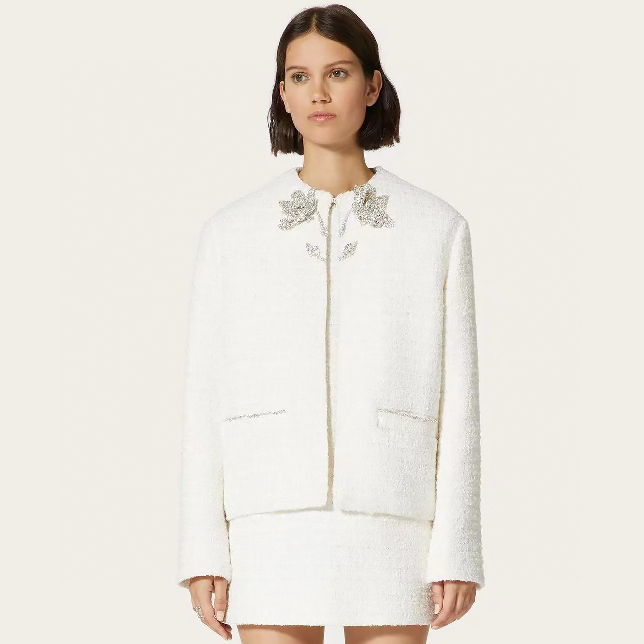 NIGO Valentino Ngvp Women's Spring And Autumn Round Collar Solid Color Wool Tweed Long Sleeve Cardigan Jacket #nigo9287