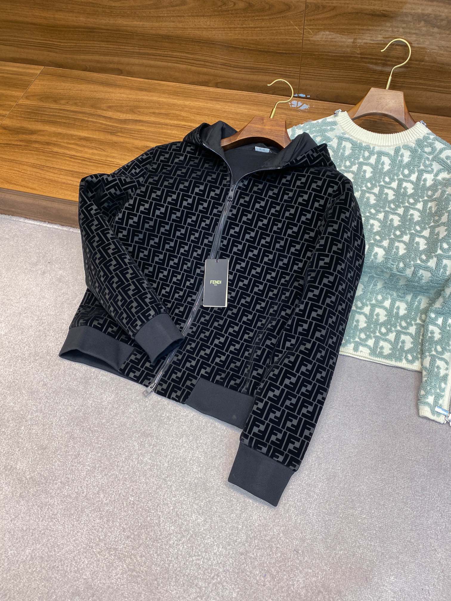 NIGO Fendi Men's Spring Autumn Black Letter Logo Printed Plain Cloth Sport Zipper Hooded Jacket #nigo73137