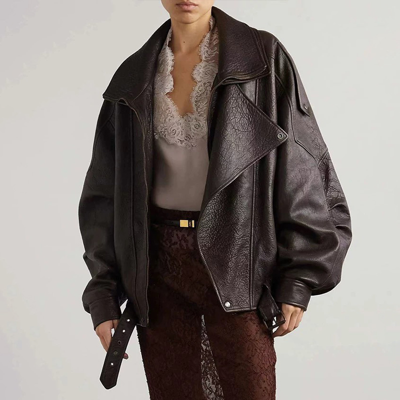 NIGO SAINT LAURENT Women's Spring, Autumn And Winter Retro Solid Color Lapel Zipper Long Sleeve Sheepskin Genuine Leather Motorcycle Jacket Ngvp #nigo9288