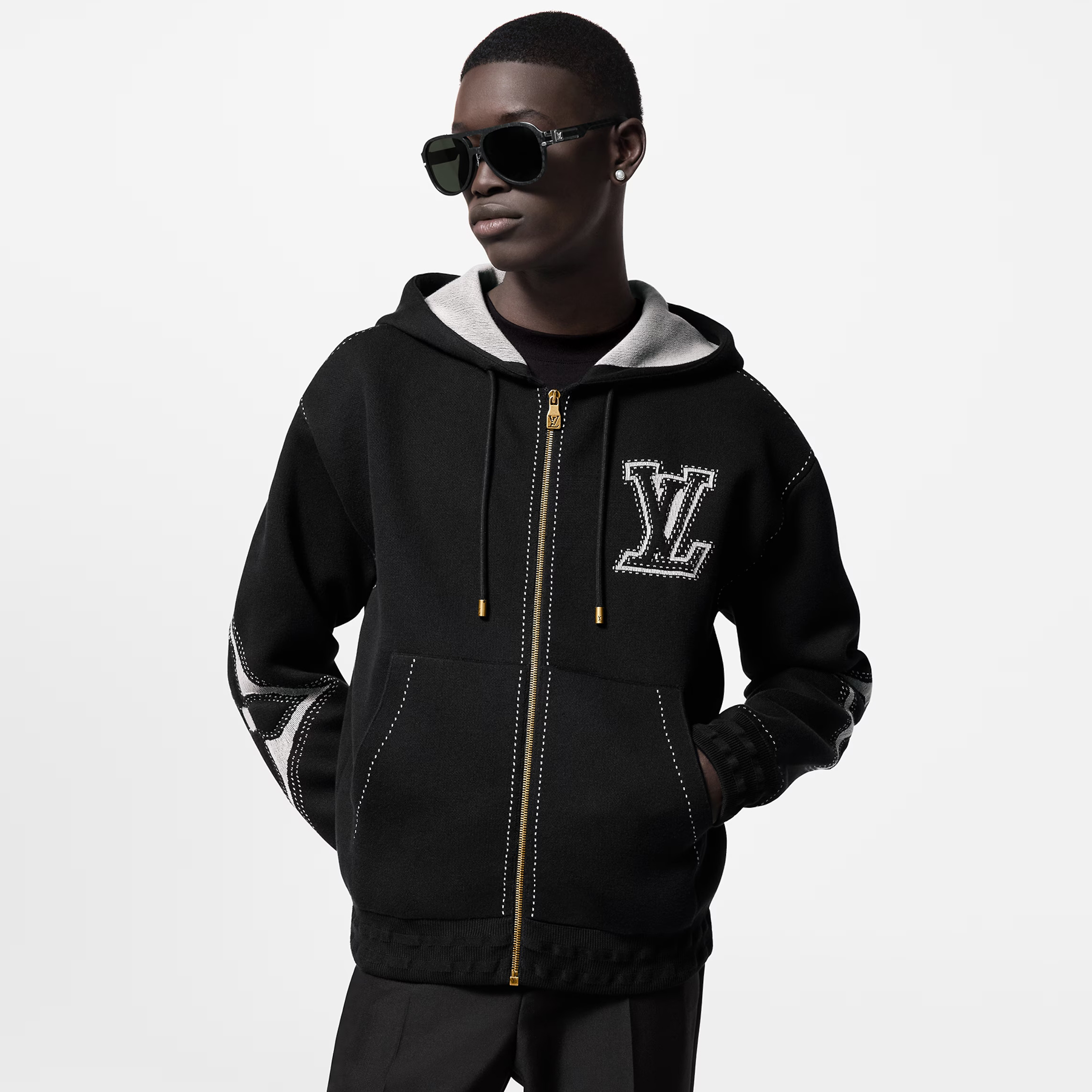 NIGO Louis Vuitton Women's Fall/Winter Black Logo Applique Zipper Hooded Long Sleeve Jacket #nigo73154