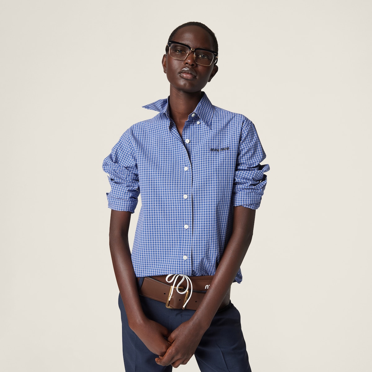 NIGO MiuMiu Women's Spring And Summer Blue Plaid Letters Embroidery Drop Shoulder Single Breasted Collar Long Sleeved Shirt #nigo98989