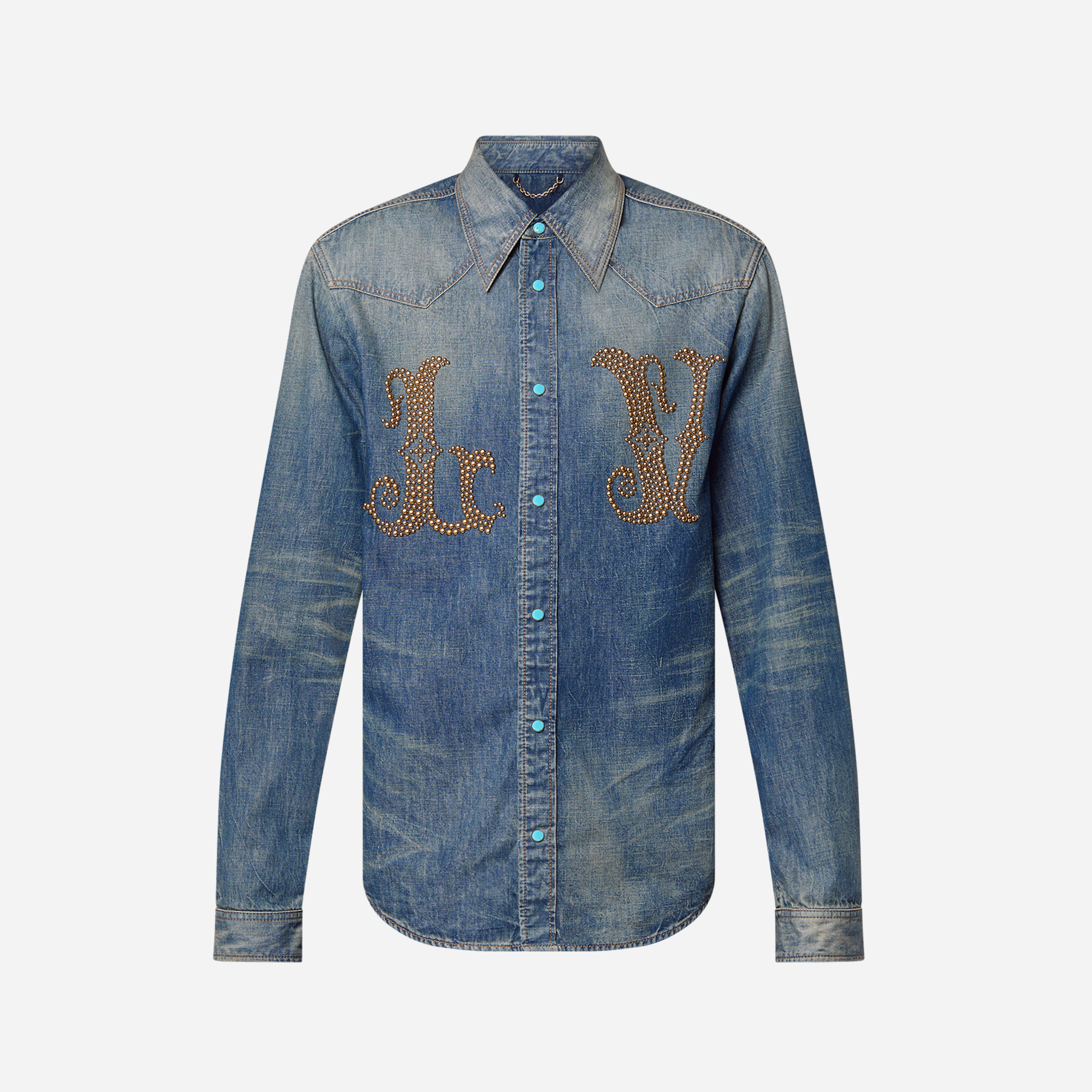 NIGO Louis Vuitton Men's Spring And Fall Cotton Logo Rivets Embellished Single-Breasted Slim Long-Sleeved Blue Denim Shirt #nigo71621