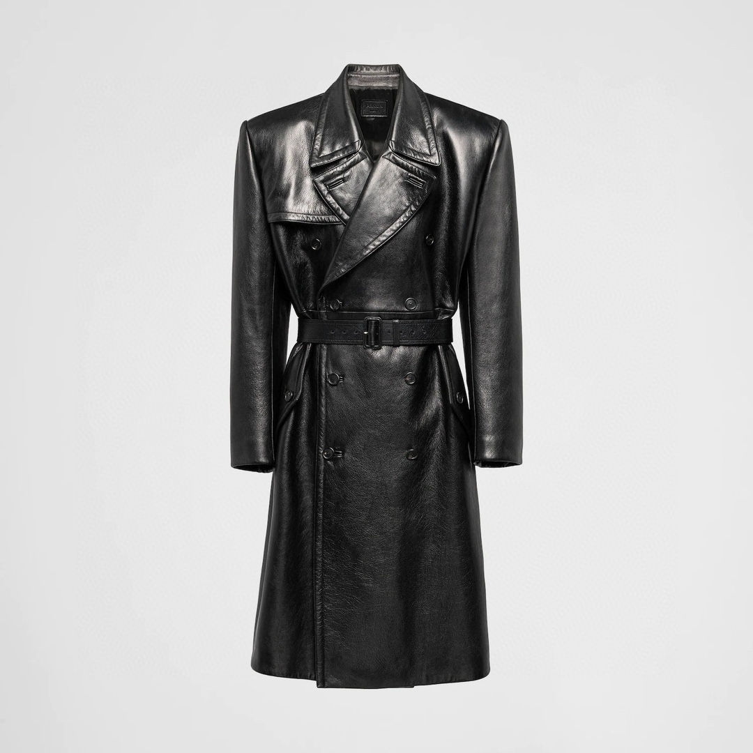 NIGO Prada Men's Fall And Winter Fashion Double-Breasted Strap Waist Long Casual Black Long-Sleeved Cowhide Trench Coat Jacket #nigo9297