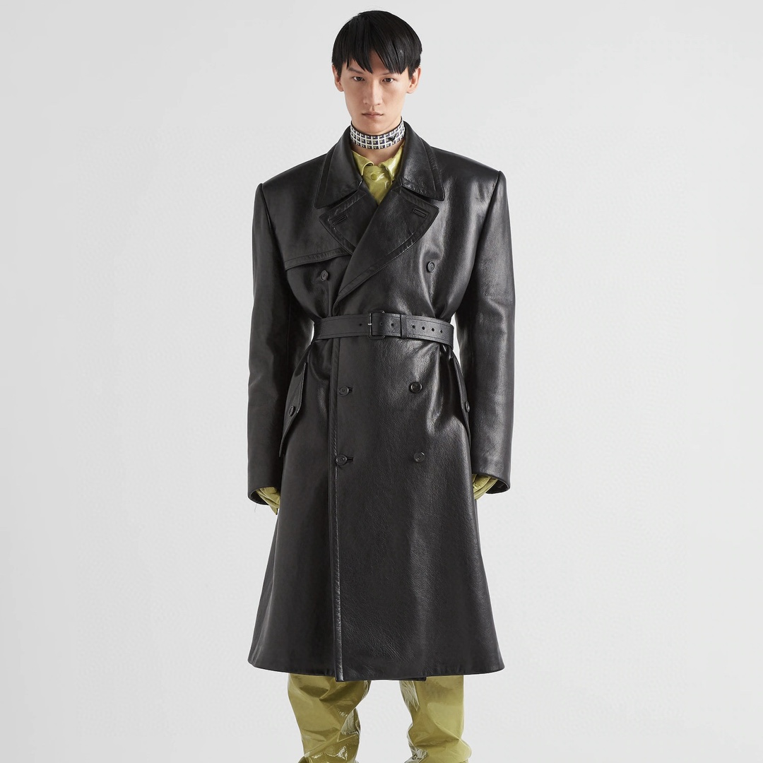 NIGO Prada Men's Fall And Winter Fashion Double-Breasted Strap Waist Long Casual Black Long-Sleeved Cowhide Trench Coat Jacket #nigo9297