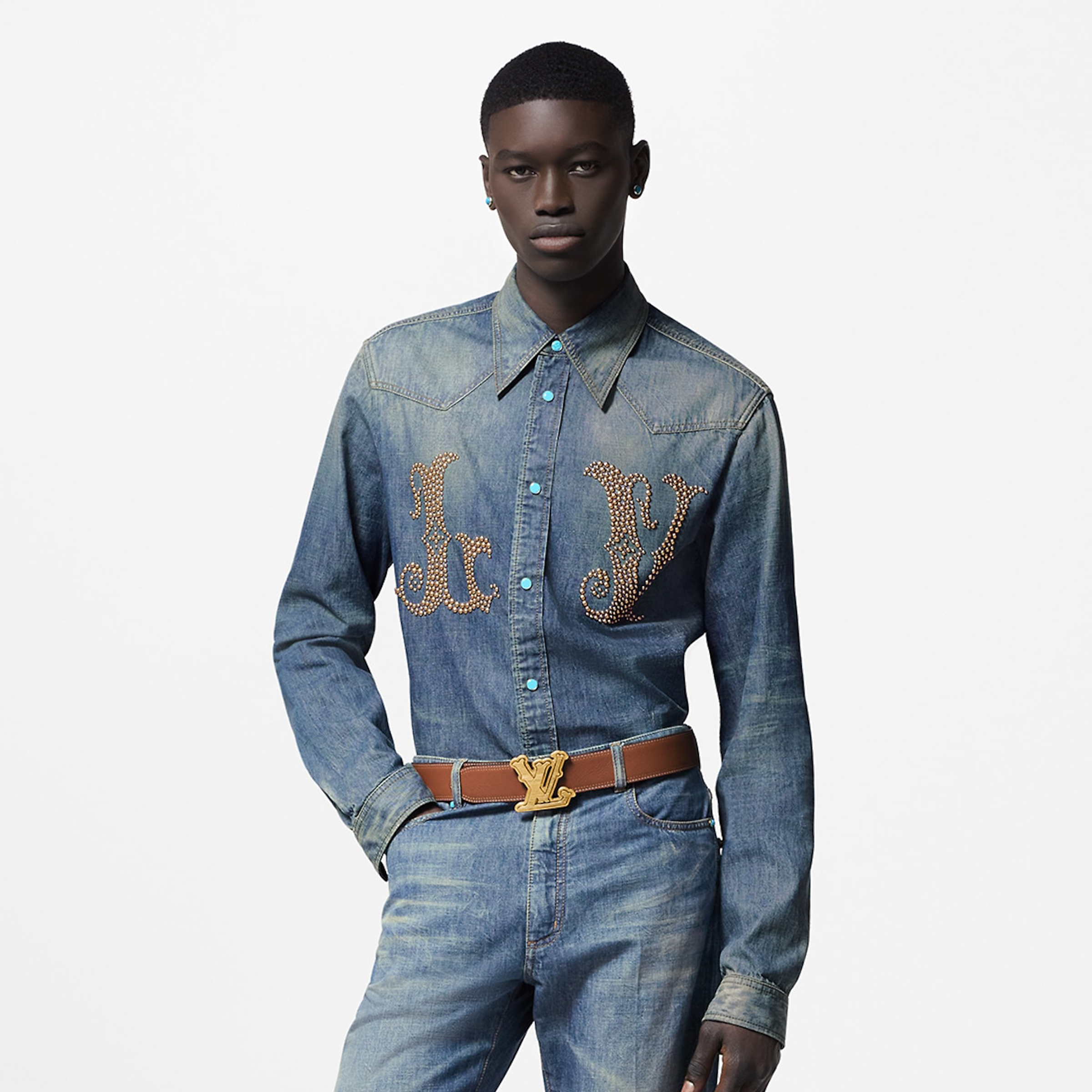 NIGO Louis Vuitton Men's Spring And Fall Cotton Logo Rivets Embellished Single-Breasted Slim Long-Sleeved Blue Denim Shirt #nigo71621