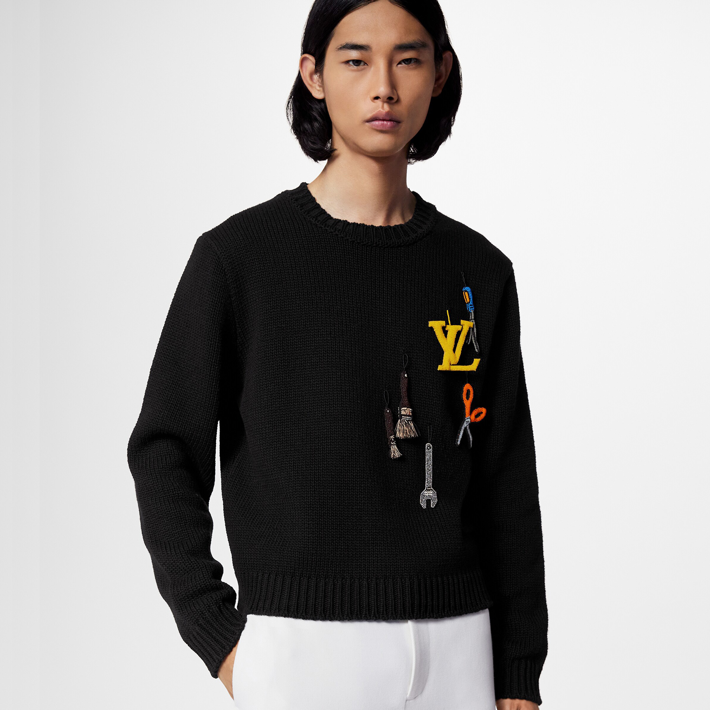 NIGO Louis Vuitton Men's Autumn and Winter Black Embroidered Letter Logo Tool Pattern Round Neck Long Sleeve Sweater Pullover #nigo73158