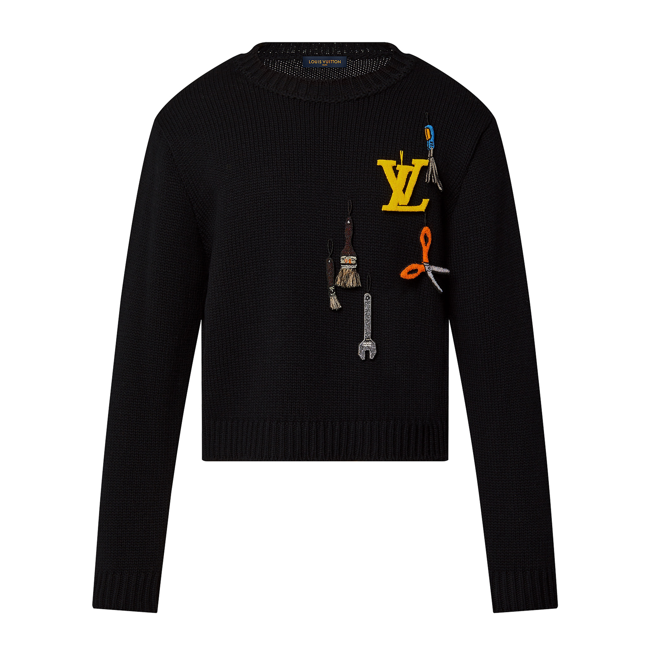 NIGO Louis Vuitton Men's Autumn and Winter Black Embroidered Letter Logo Tool Pattern Round Neck Long Sleeve Sweater Pullover #nigo73158
