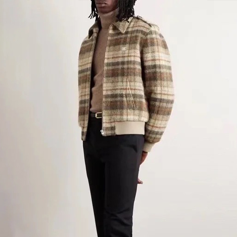 NIGO Celine Men's Spring And Autumn Brushed Checked Tweed Loose Zipper Solid Color Long Sleeve Teddy Jacket Coat #nigo71627