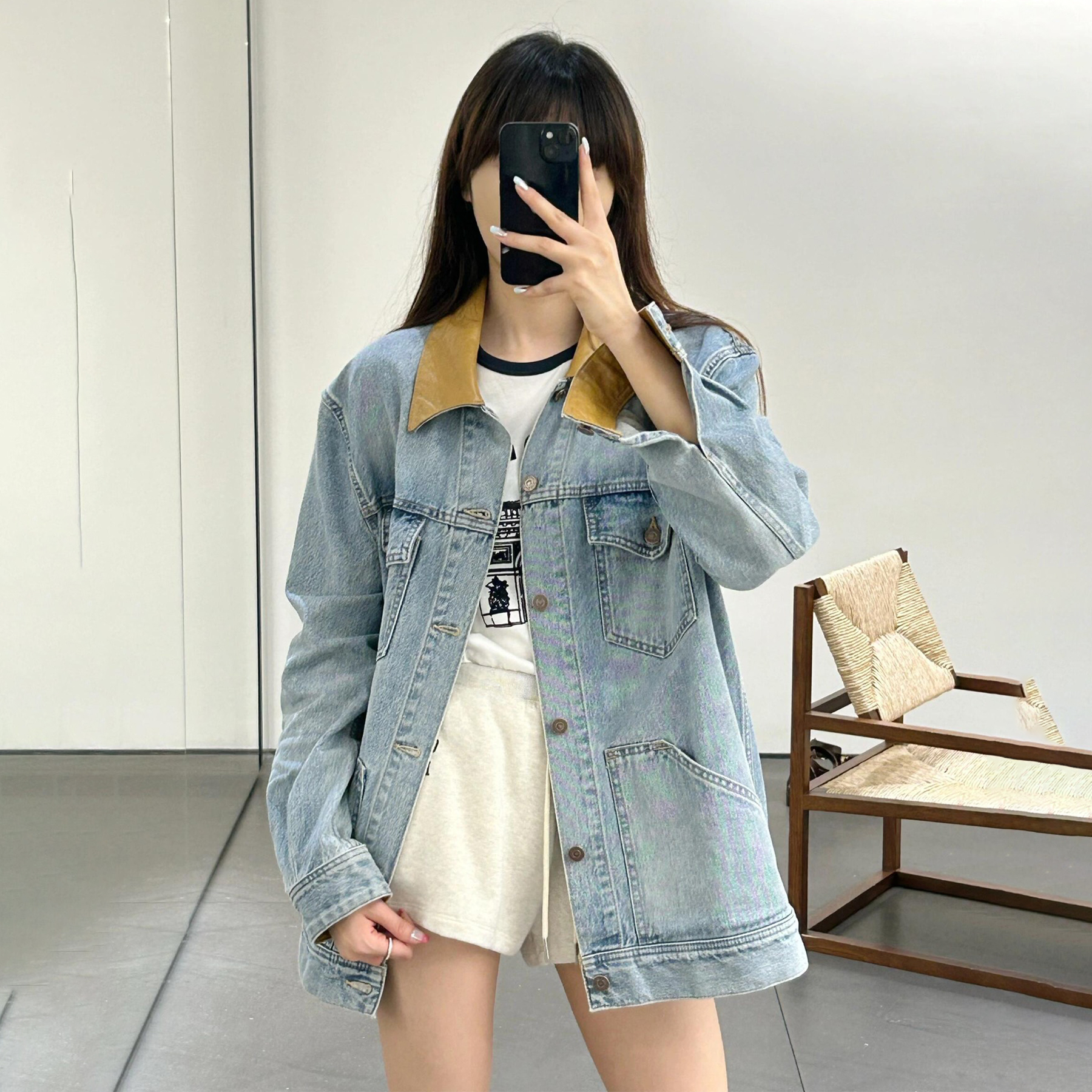 NIGO Celine Women's Spring And Fall Splicing Old Cotton Leather Lapel Single-Breasted Straight Long-Sleeved Fitted Trucker Denim Jacket Coat Ngvp #nigo9299