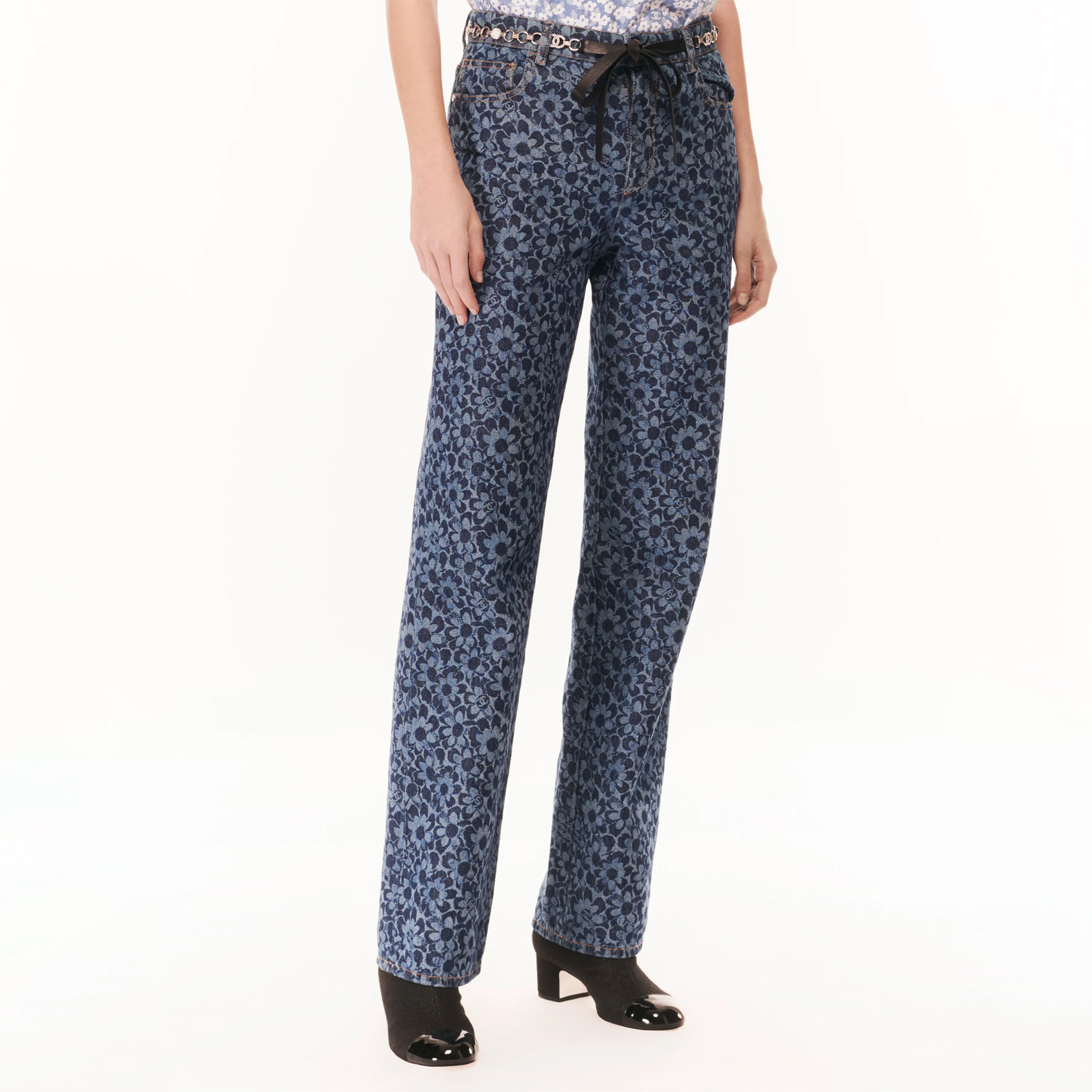 NIGO Chanel Women's Spring and Autumn Cotton Floral Full Printed Zipper Pocket Blue Denim Straight Leg Pants Casual Shorts Ngvp #nigo9298