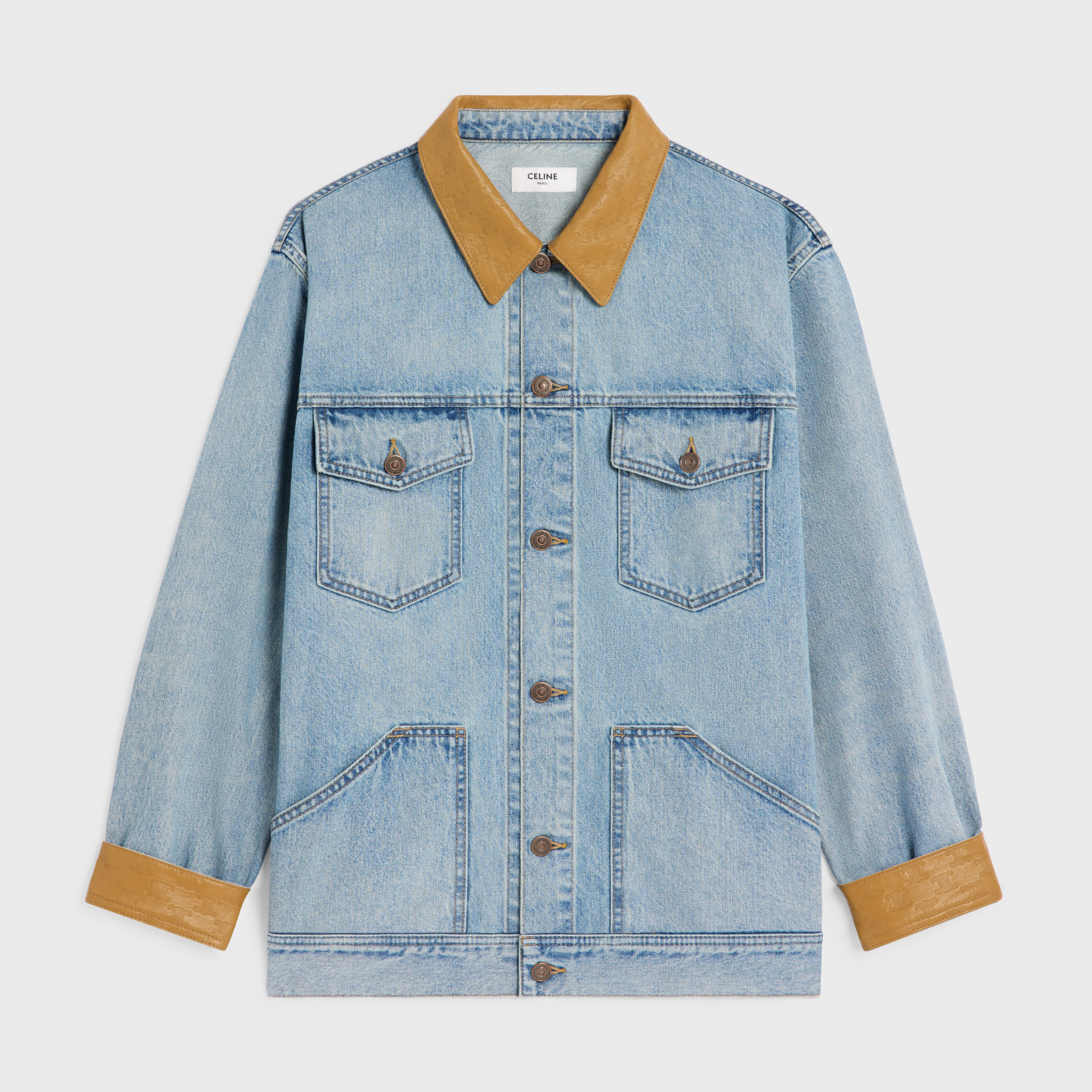 NIGO Celine Women's Spring And Fall Splicing Old Cotton Leather Lapel Single-Breasted Straight Long-Sleeved Fitted Trucker Denim Jacket Coat Ngvp #nigo9299