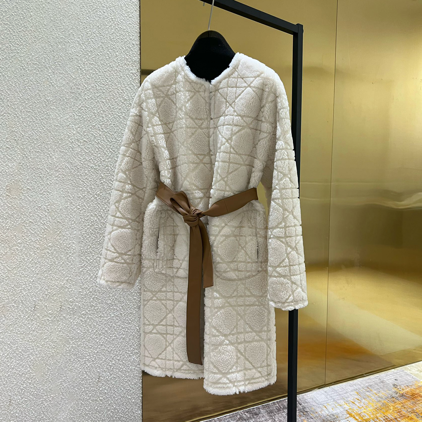 NIGO Dior Women's Fashion Fur Coat Solid Color Diamond Check Pattern Bee Embroidery Lace-Up Long Loose Double-Sided Wear Coat Ngvp #nigo9314