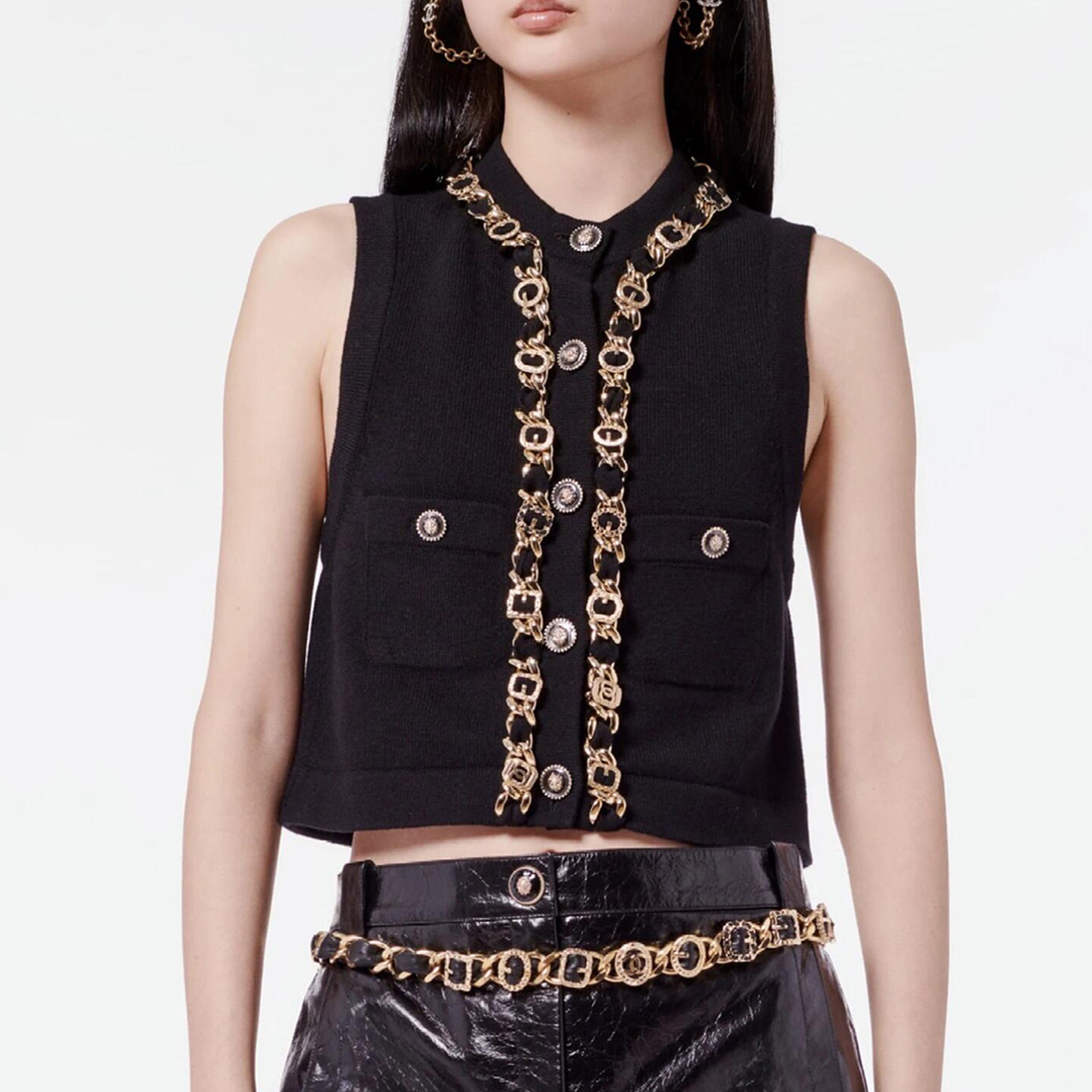 NIGO Chanel Women's Fall And Winter Fashion Antique Chain Single-Breasted Black And Gold Cashmere Knitted Tank Top Fitted Vest Ngvp #nigo9316