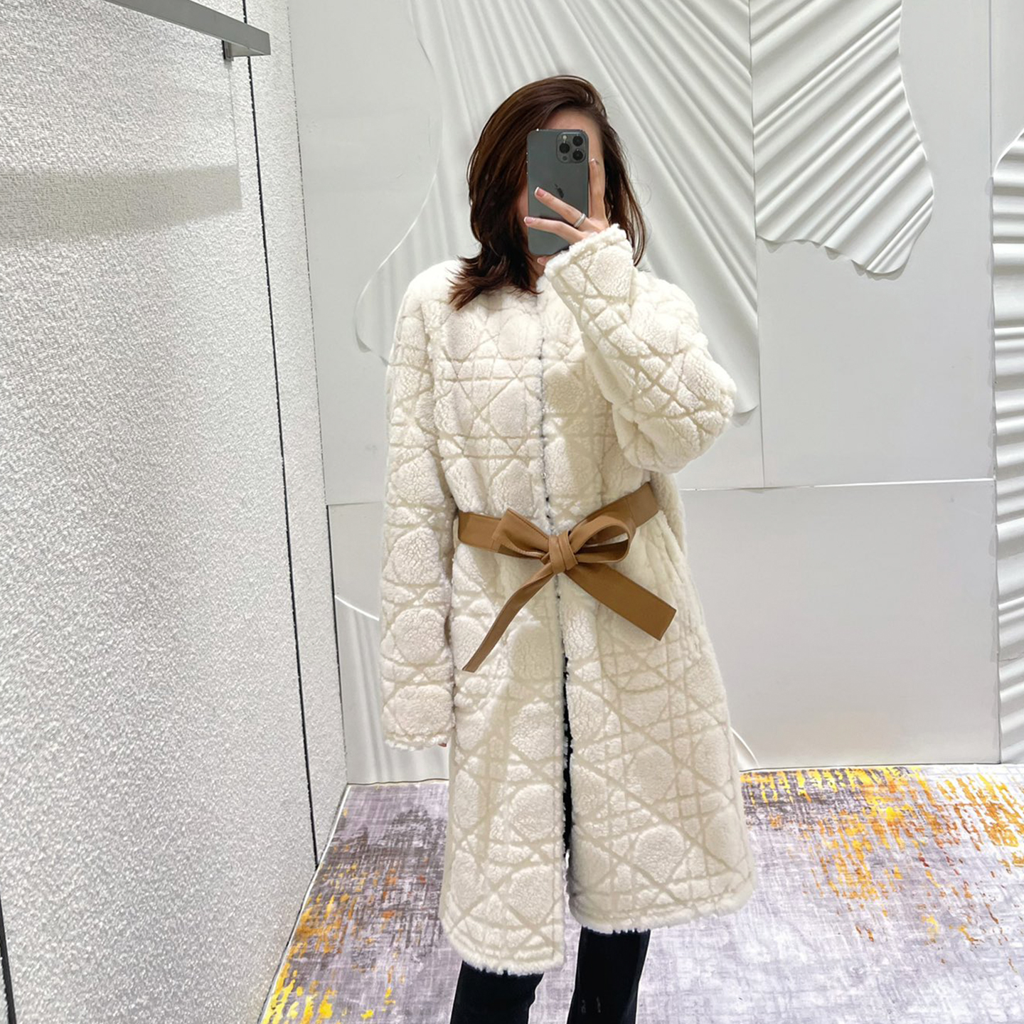 NIGO Dior Women's Fashion Fur Coat Solid Color Diamond Check Pattern Bee Embroidery Lace-Up Long Loose Double-Sided Wear Coat Ngvp #nigo9314