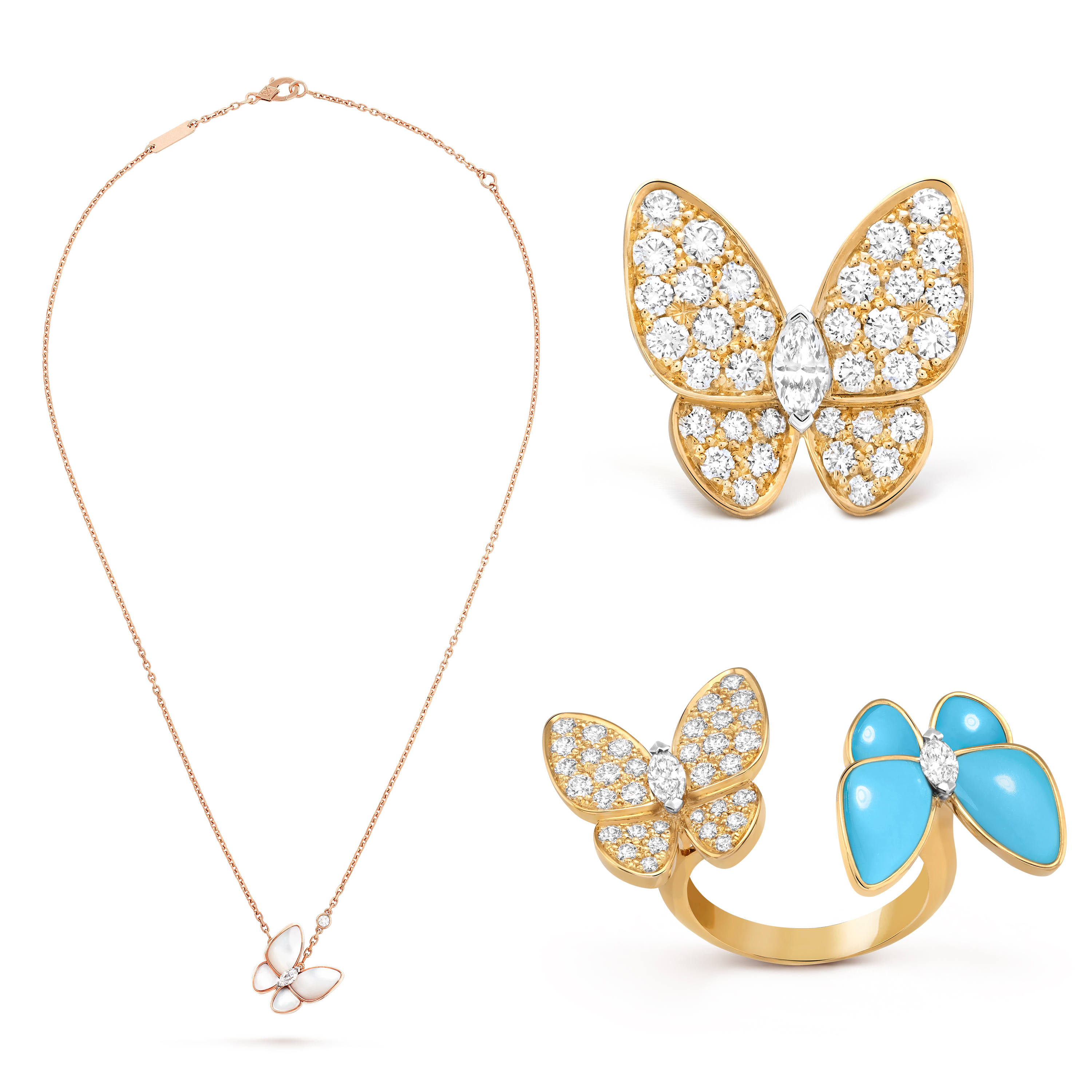 NIGO Van Cleef&Arpels Women's Exquisite And Elegant V-Gold Material Two Butterfly Finger Ring, Pendant Necklace, Earring Set Accessories #nigo71634