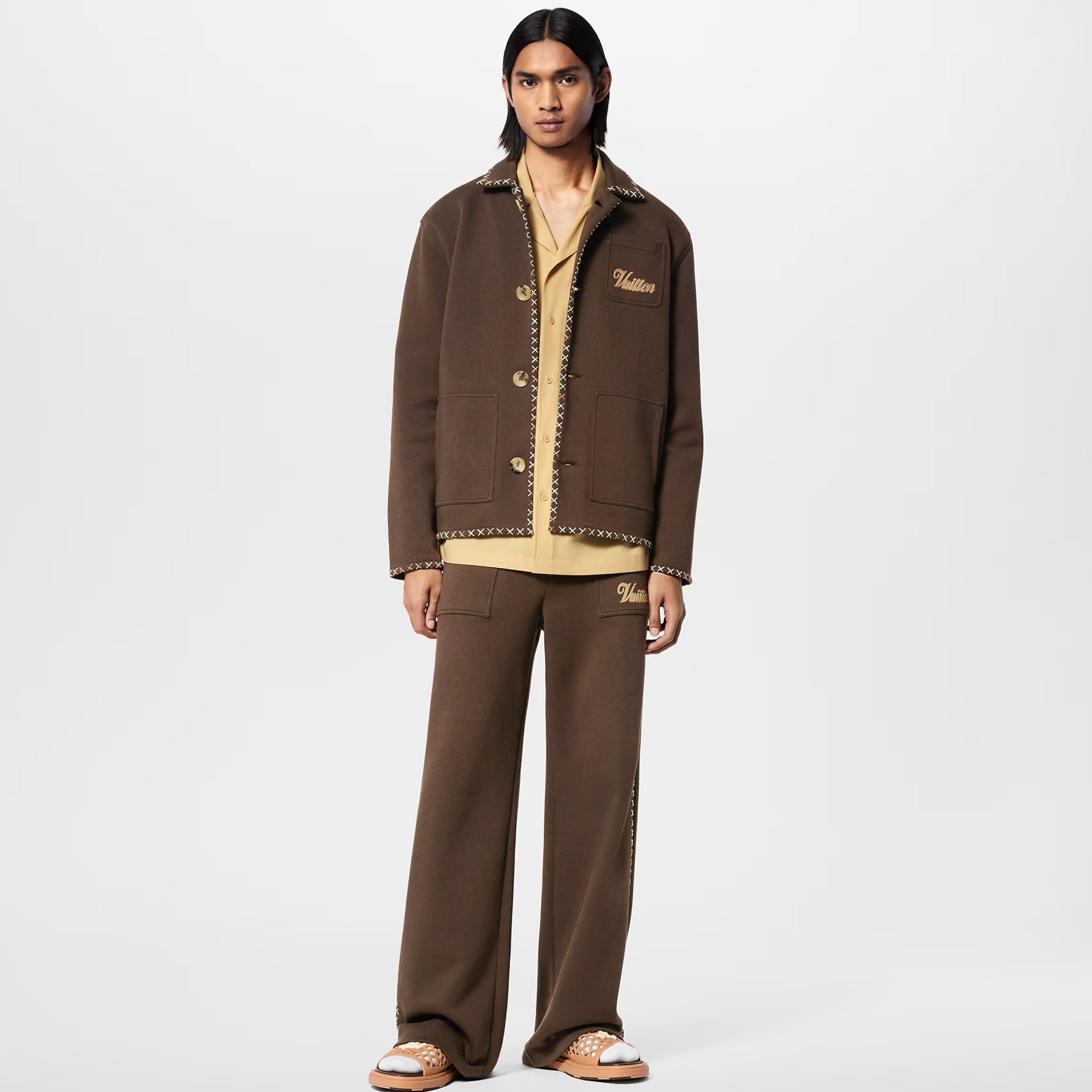 NIGO Louis Vuitton Men's Spring And Fall Brown Embroidered Letters Logo Single Breasted Long Sleeved Jacket Drawstring Tie Casual Pants Suit Set #nigo73225