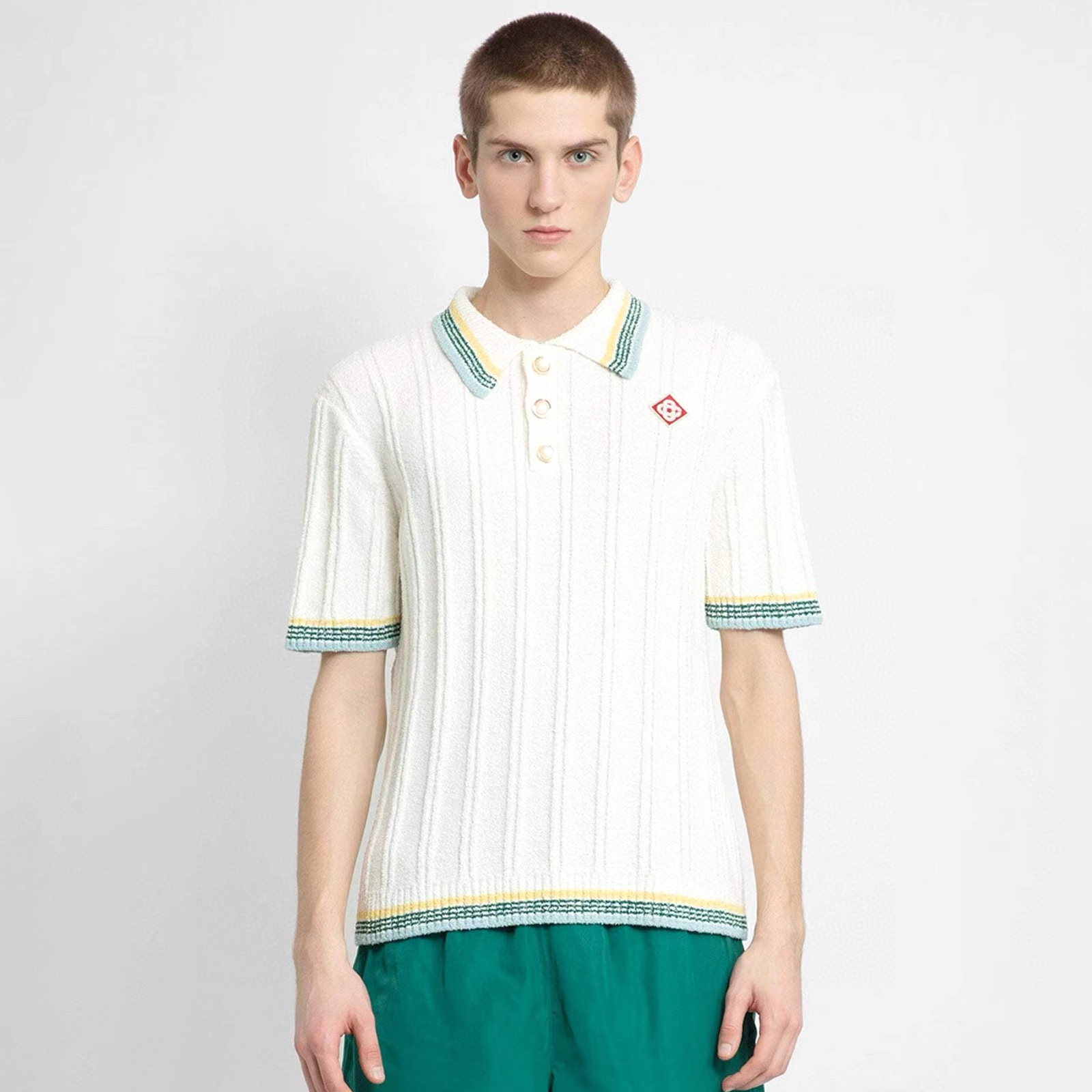 NIGO Casablanca Men's Summer White Striped Trim Comfortable Ribbed Knit Short Sleeve Polo T-Shirt #nigo73227