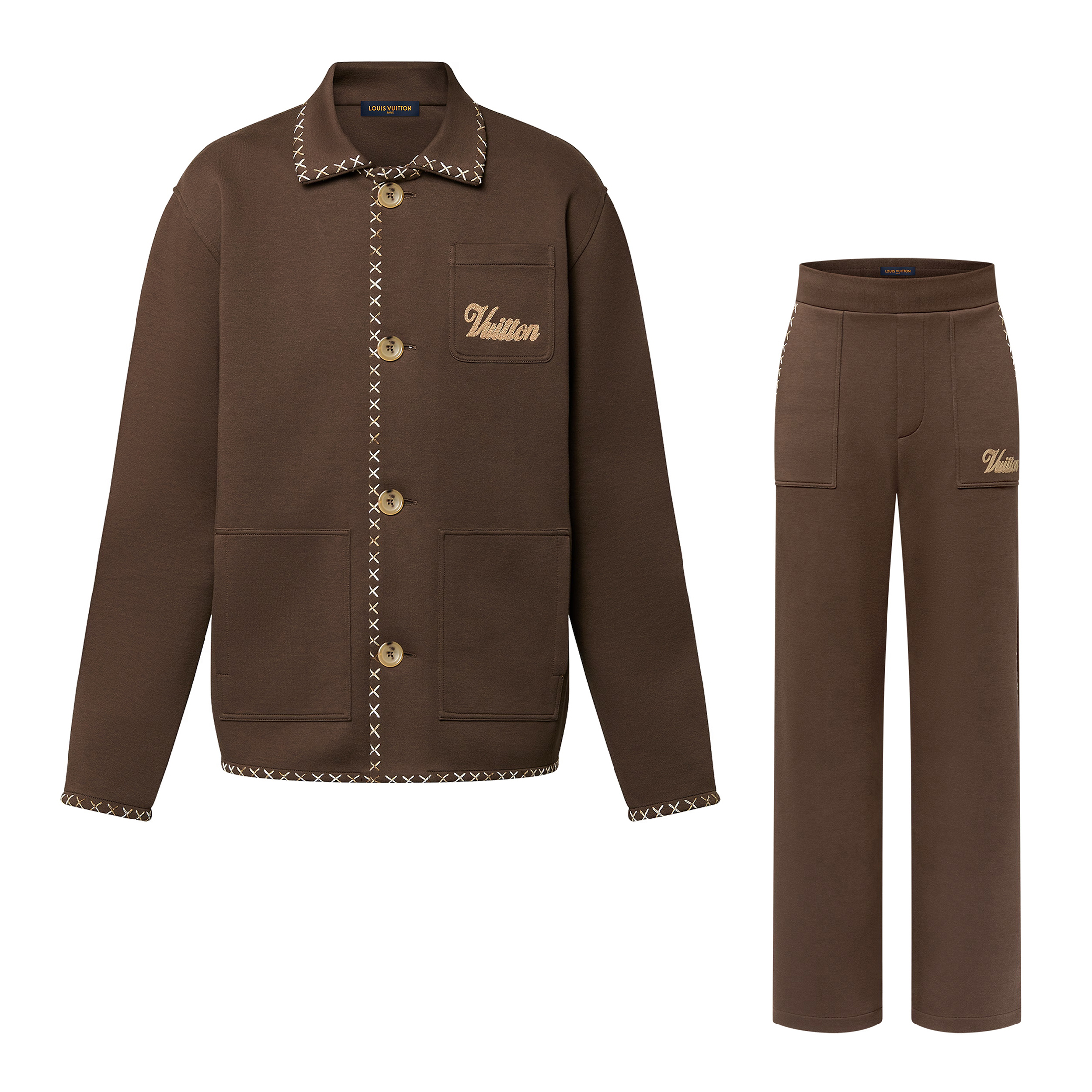 NIGO Louis Vuitton Men's Spring And Fall Brown Embroidered Letters Logo Single Breasted Long Sleeved Jacket Drawstring Tie Casual Pants Suit Set #nigo73225