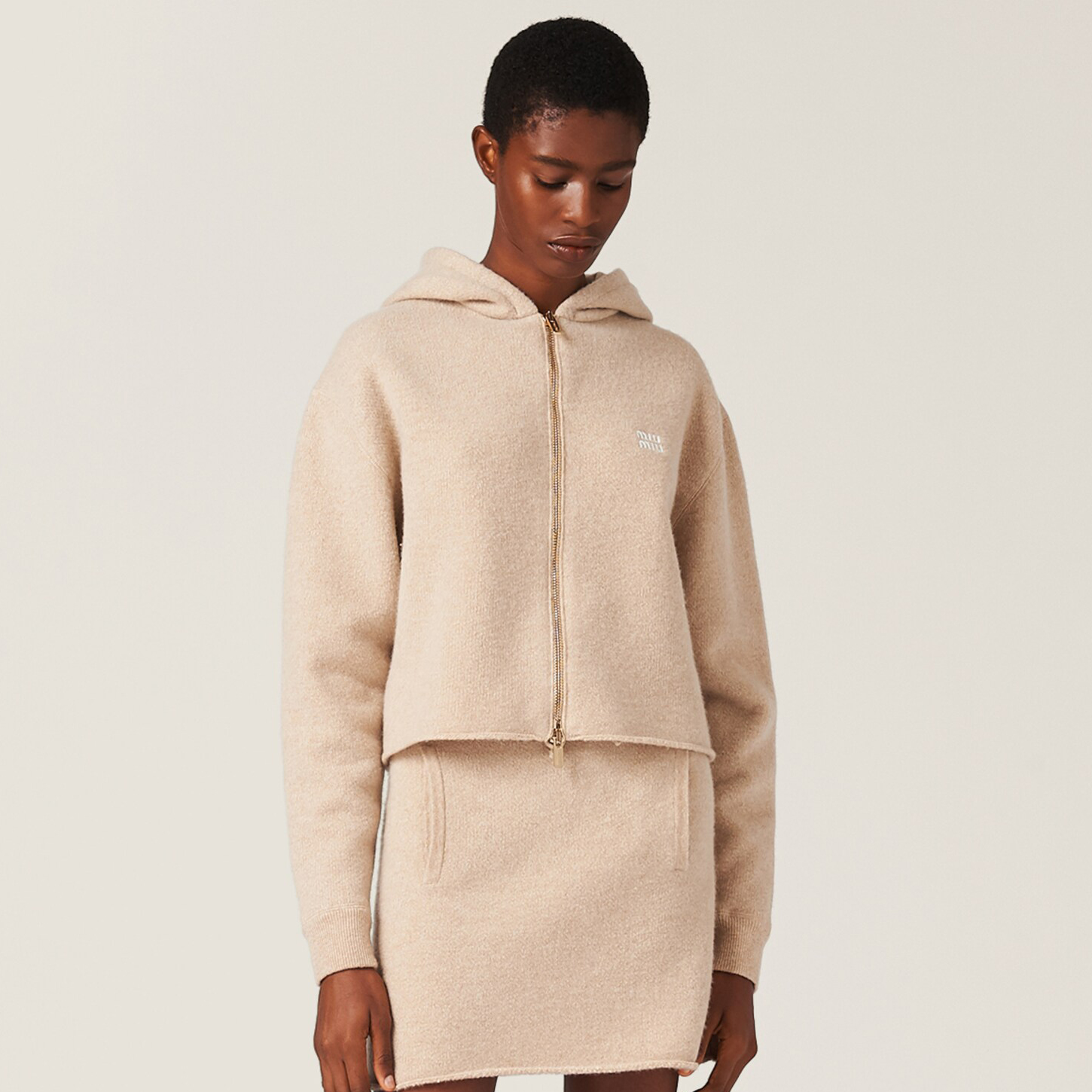 NIGO MiuMiu Women's Spring and Autumn Solid Color Letter Printed Cashmere Hooded Zipper Long Sleeve Jacket #nigo73236