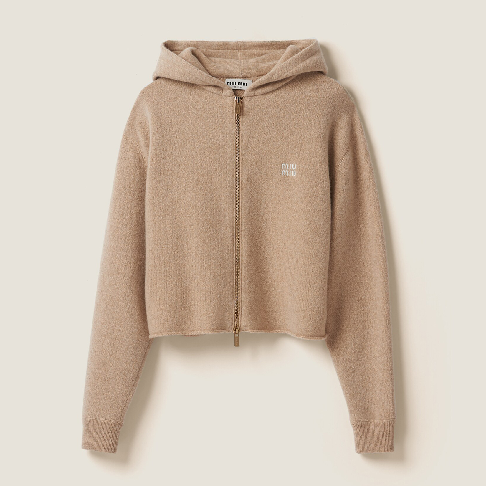 NIGO MiuMiu Women's Spring and Autumn Solid Color Letter Printed Cashmere Hooded Zipper Long Sleeve Jacket #nigo73236