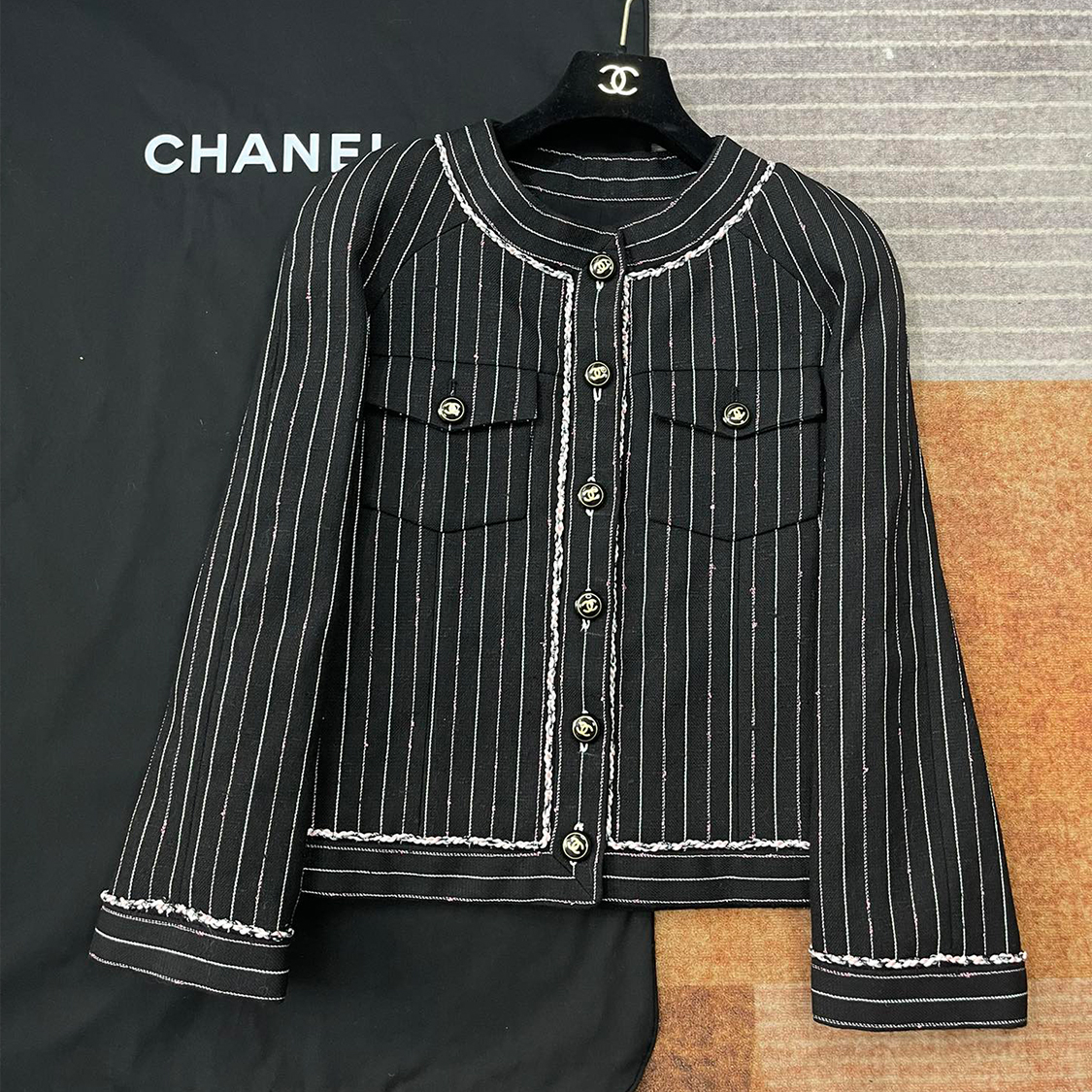 NIGO Chanel Women's Fall And Winter Round Neck Single-Breasted Vintage Striped Soft Tweed Long-Sleeved Black Jacket Ngvp #nigo9329