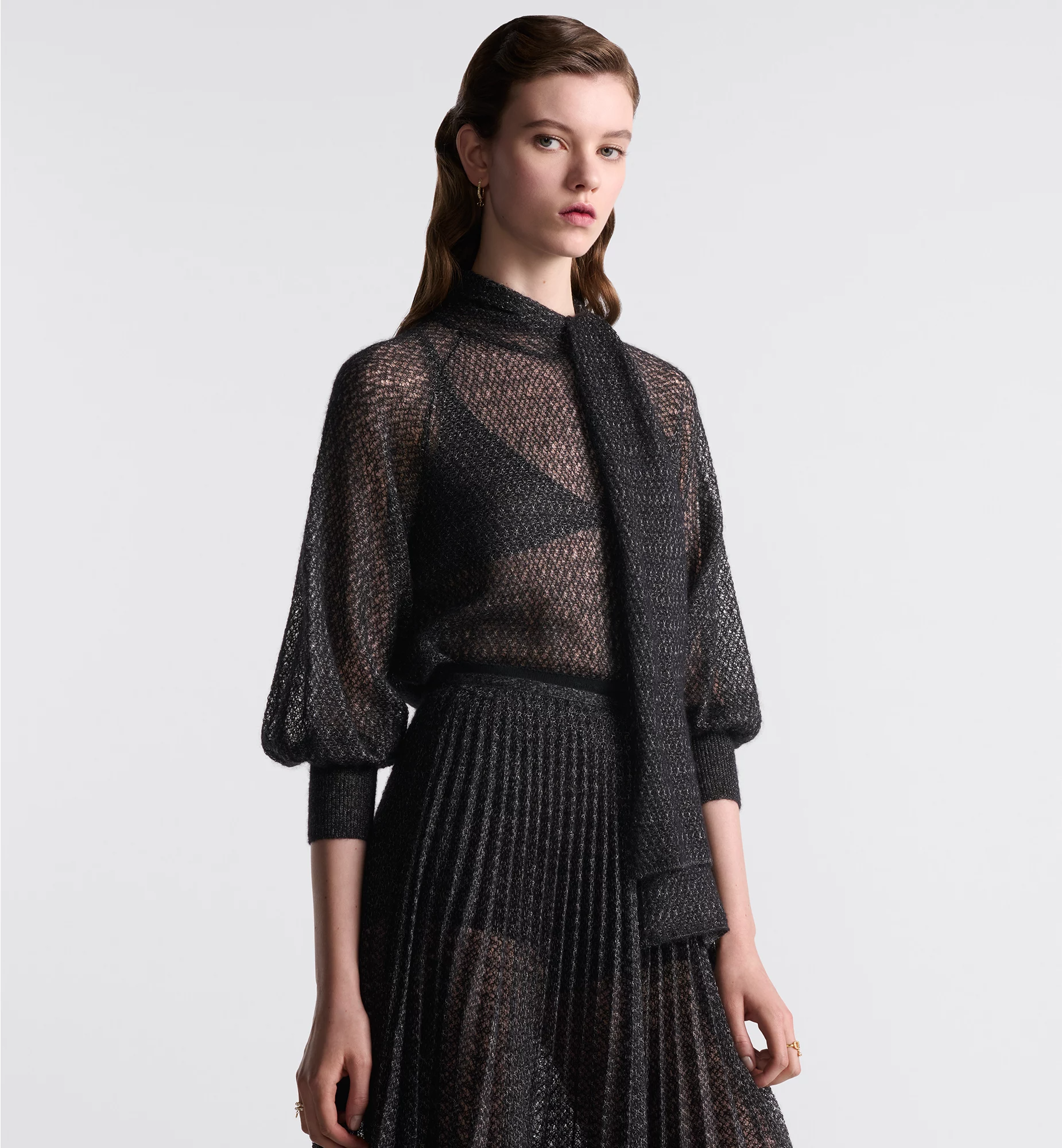 NIGO Dior﻿ Women's Fall Mohair, Alpaca and Silk Blend Stretch Knit Top Black Bow Neck Fitted Long Sleeve Sweater Ngvp #nigo9331