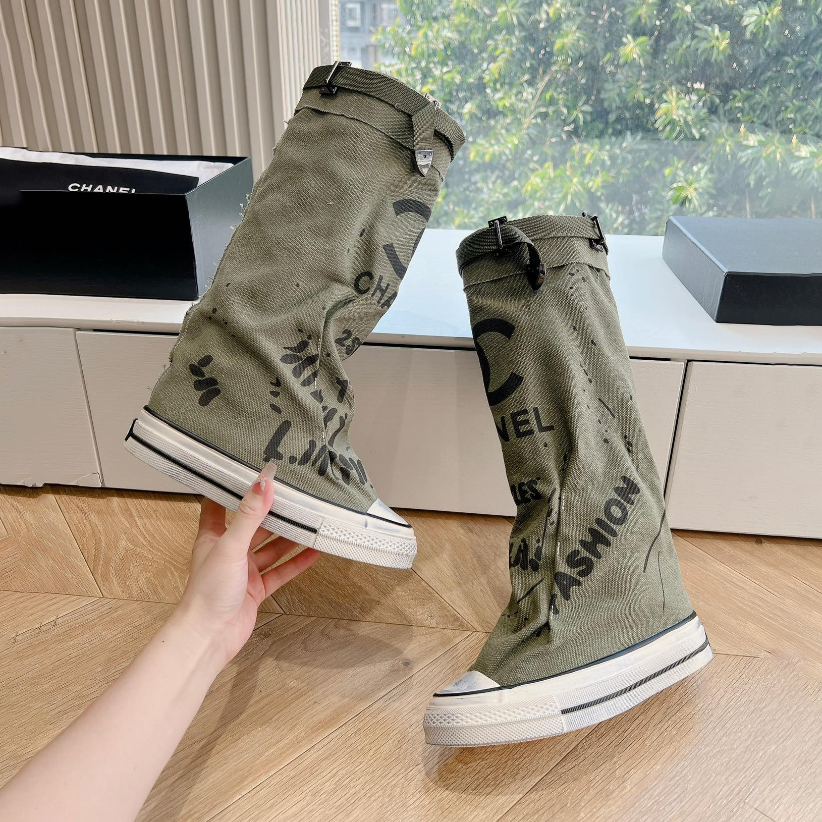 NIGO Chanel Women's Solid Color Letter Graffiti Canvas Fashion Tall Boots Shoes #nigo73242