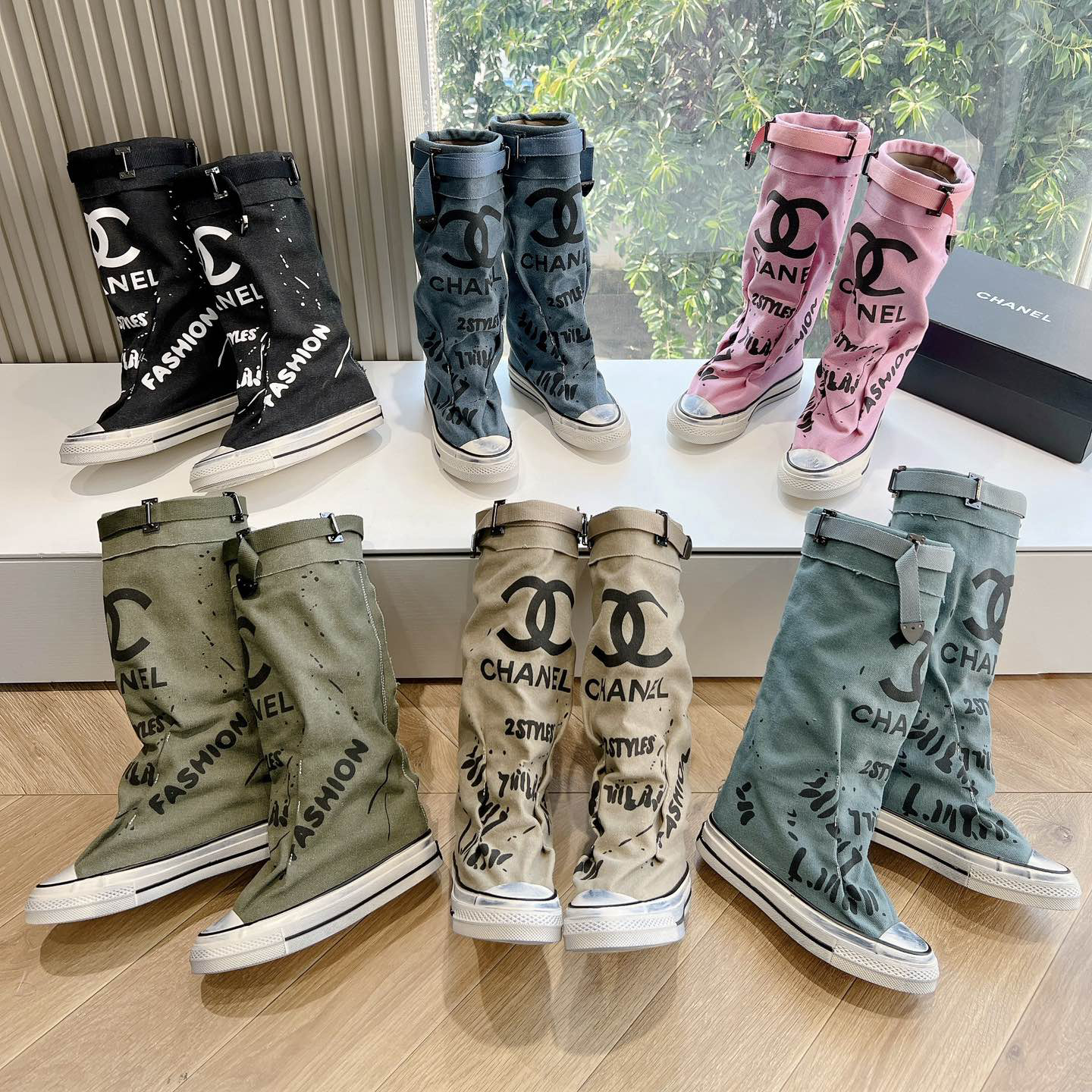 NIGO Chanel Women's Solid Color Letter Graffiti Canvas Fashion Tall Boots Shoes #nigo73242