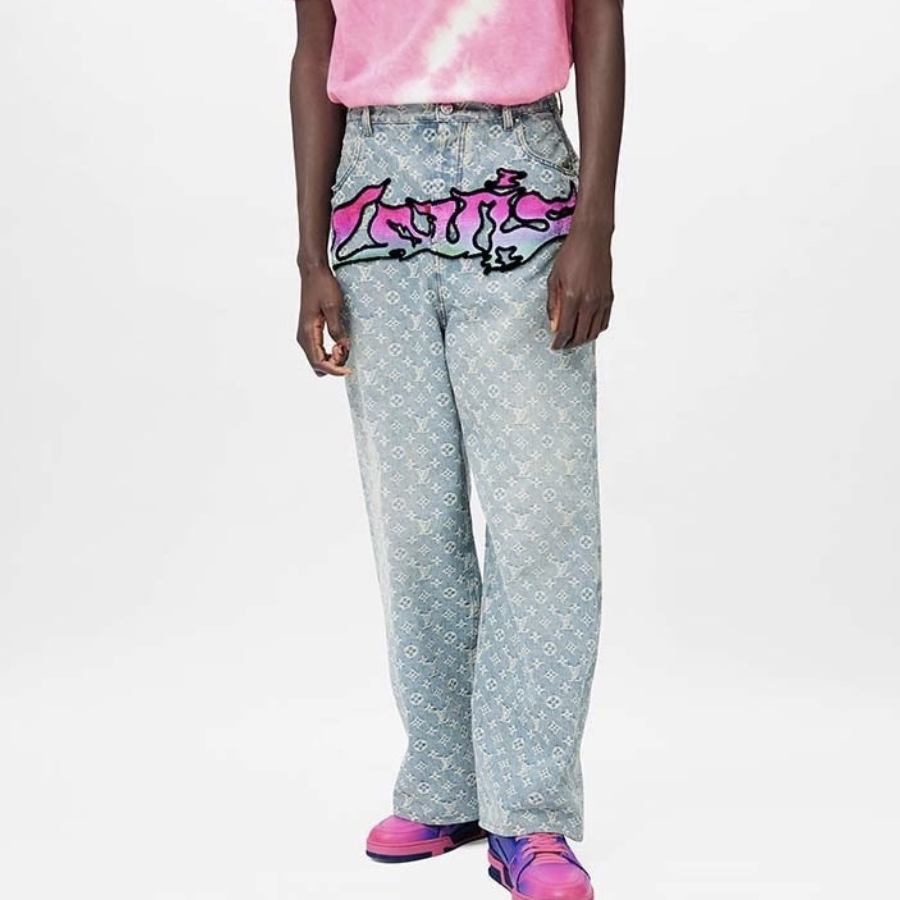 NIGO Louis Vuitton Men's Spring and Autumn Blue Logo Full Print Letter Graffiti Jeans Pants #nigo73256