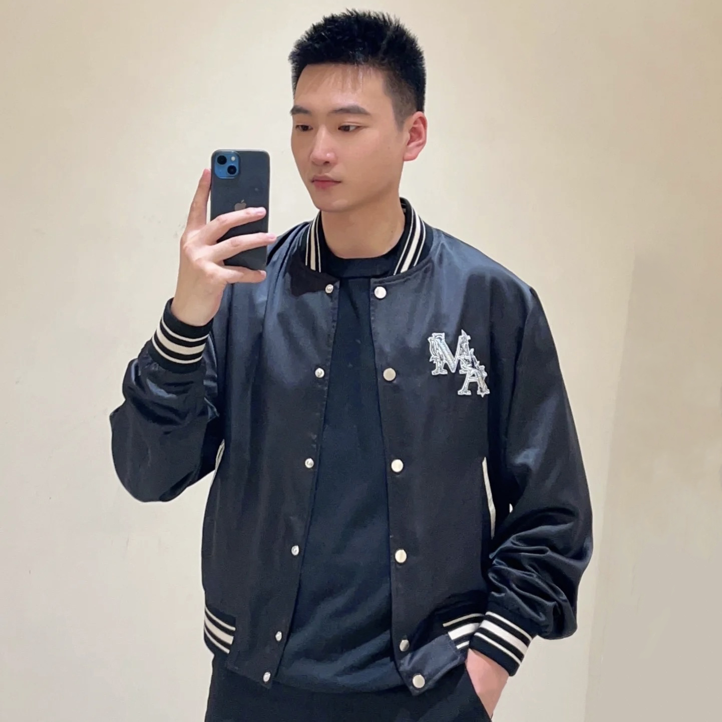 NIGO AMIRI Men's Spring & Fall Satin Nylon Embroidered Logo Zipper Baseball Long Sleeve Jacket #nigo73273