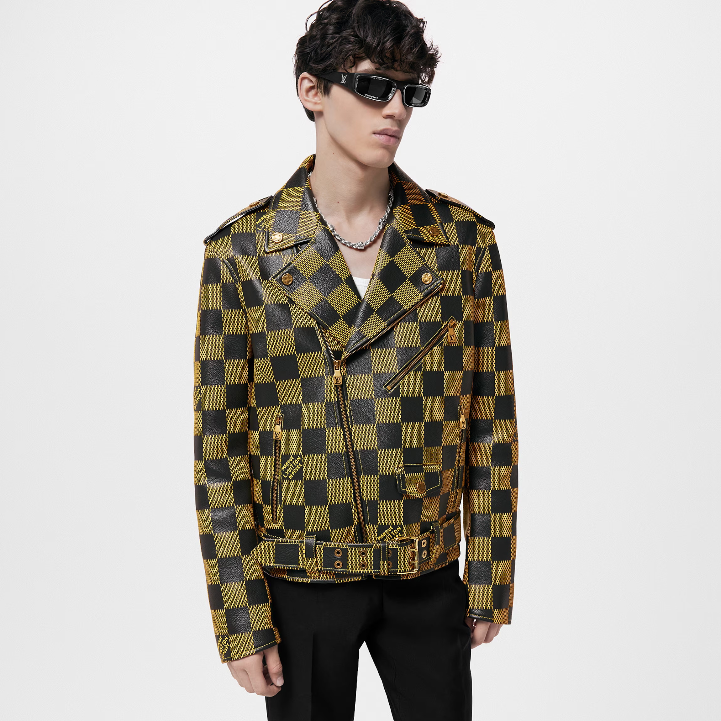 NIGO Louis Vuitton Men's Autumn and Winter Checkerboard Print Zipper Short Lapel Long Sleeve Leather Jacket #nigo73267