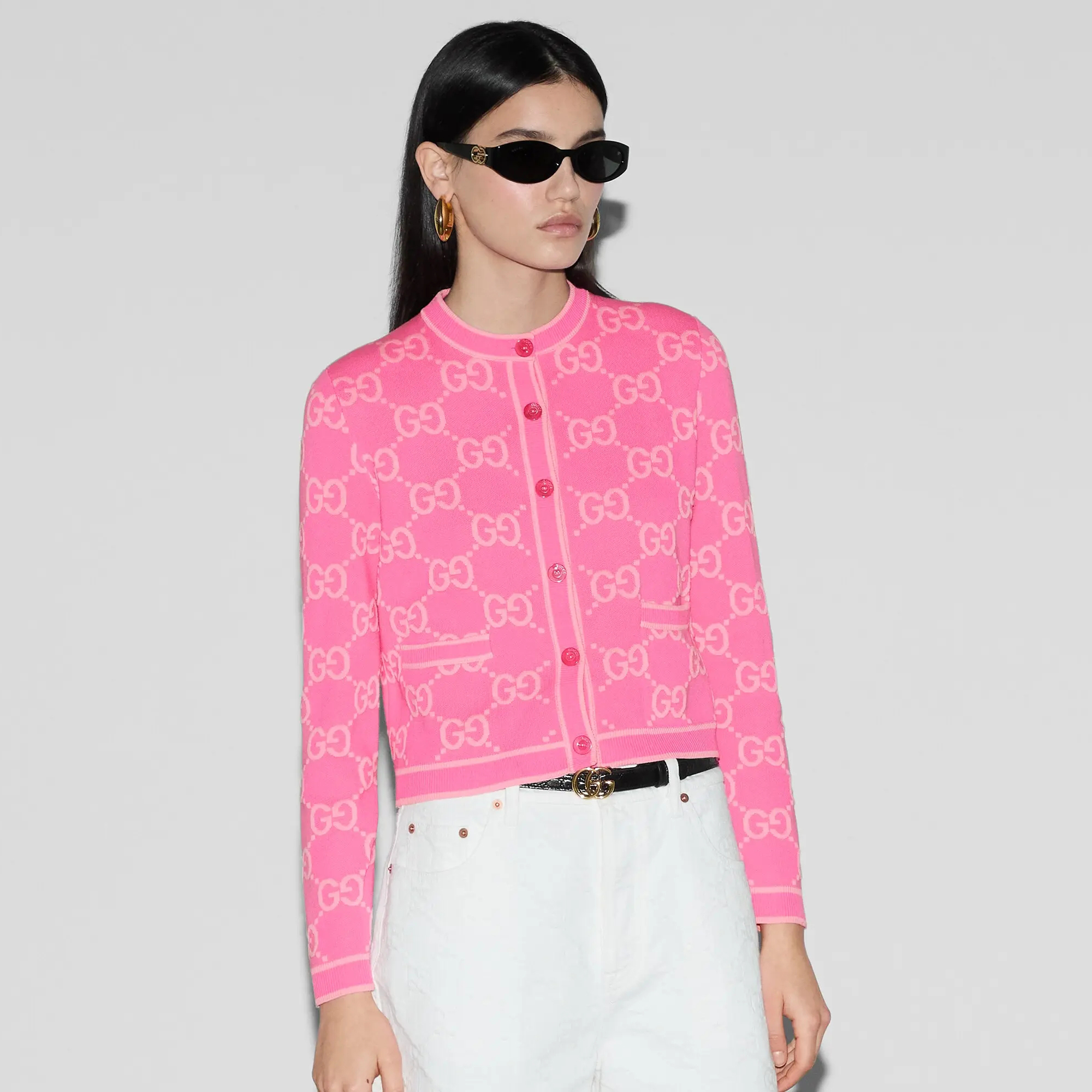 NIGO Gucci Women's Spring and Autumn Pink Logo Pattern Round Collar Single Breasted Long Sleeve Knit Jacket Cardigan #nigo73277