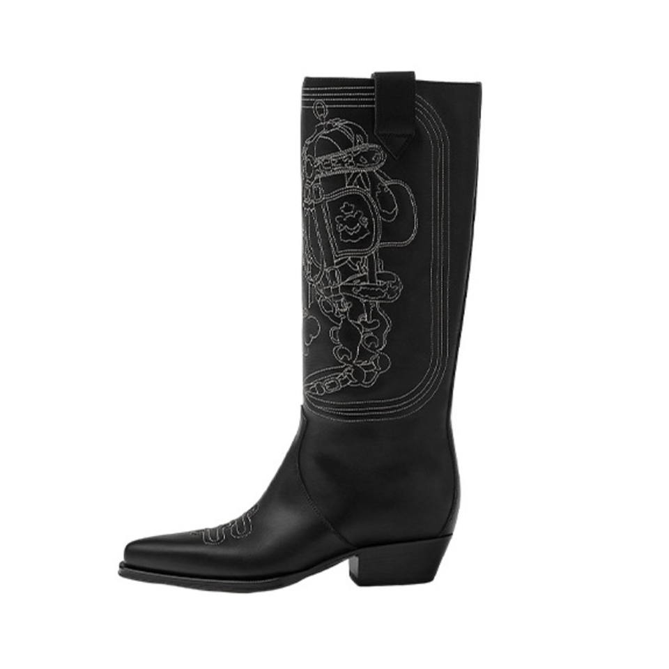 NIGO Hermes Women's Autumn And Winter Fashion Pattern Embroidery Black Thigh High Boots Casual Round Toe Leather Boots Ngvp #nigo9343