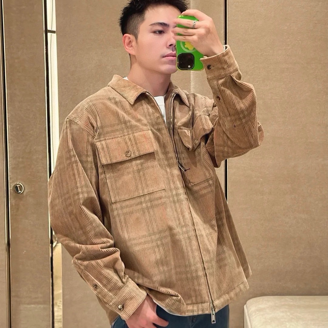 NIGO Burberry Men's Autumn and Winter Brown Plaid Printed Pockets Loose Zipper Corduroy Long Sleeve Jacket #nigo73283